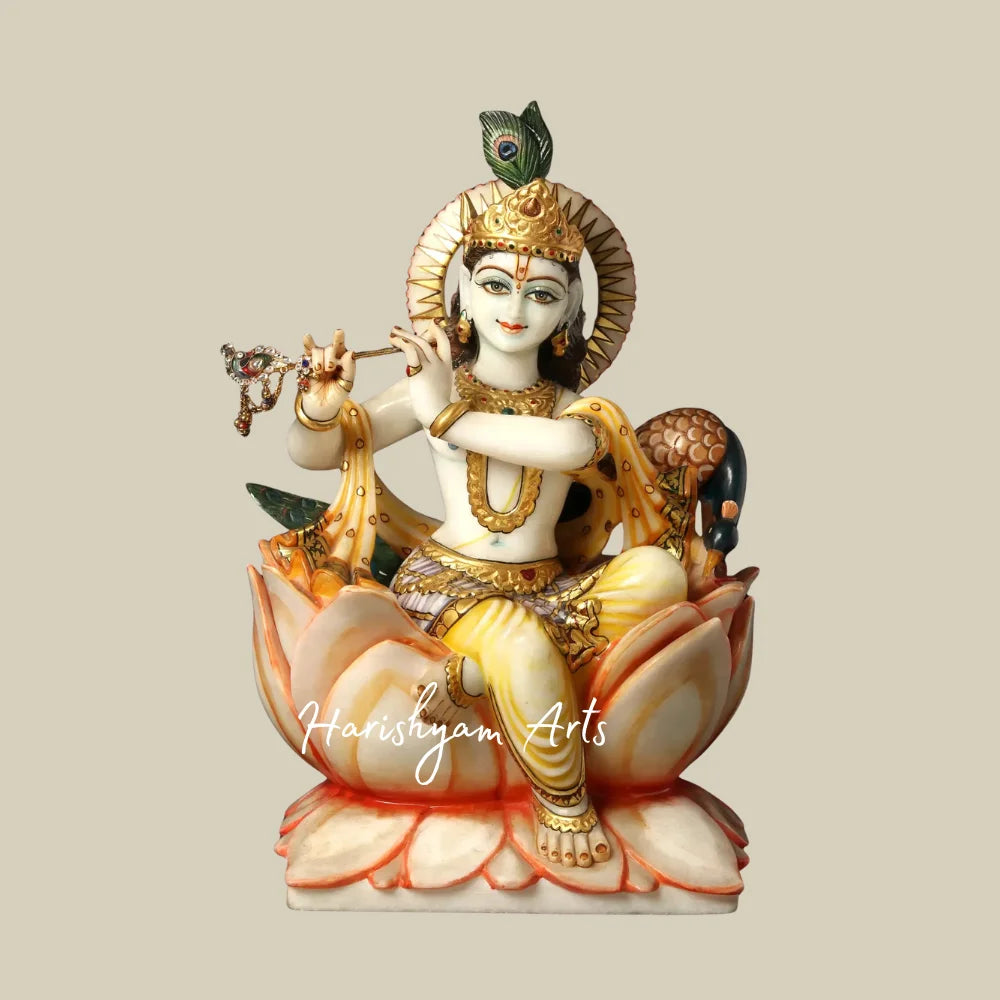 14" White Marble Lord Krishna Murti Playing Flute on Lotus Seat with Ornate Golden Jewelry