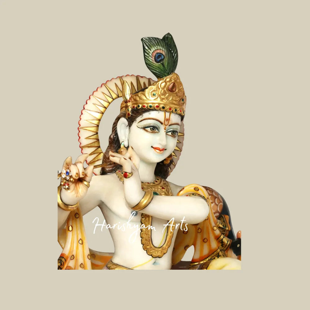 14" White Marble Lord Krishna Murti Playing Flute on Lotus Seat with Ornate Golden Jewelry