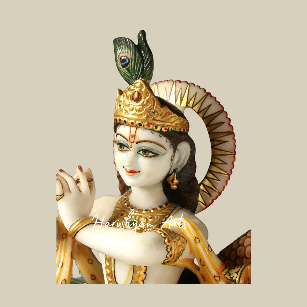 14" White Marble Lord Krishna Murti Playing Flute on Lotus Seat with Ornate Golden Jewelry