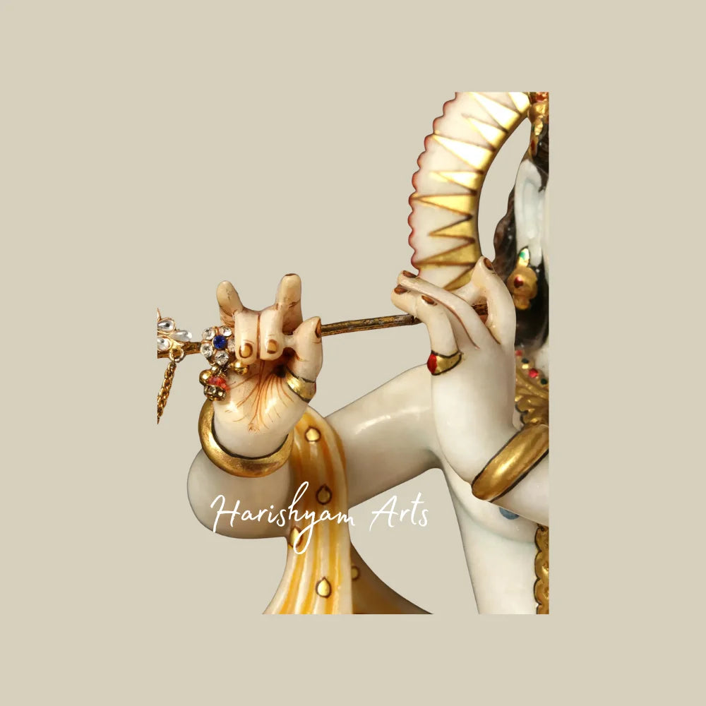 14" White Marble Lord Krishna Murti Playing Flute on Lotus Seat with Ornate Golden Jewelry