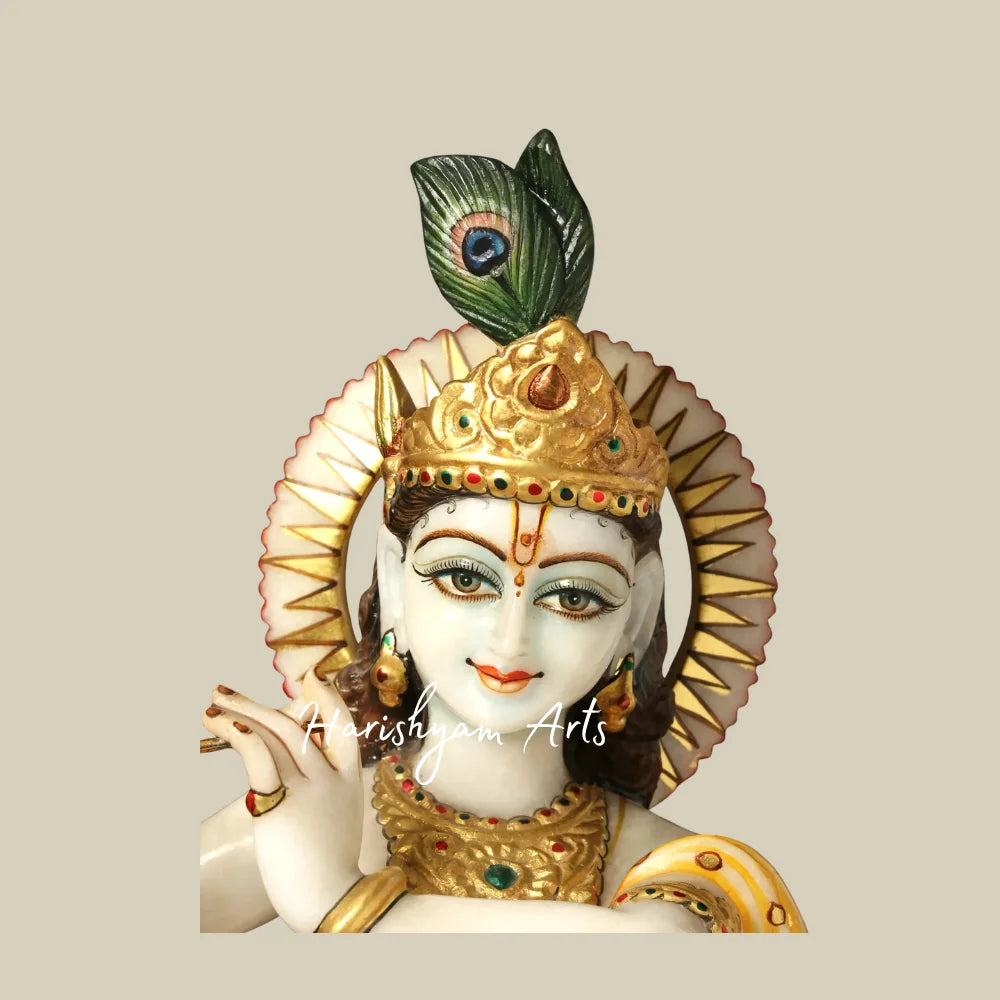 14" White Marble Lord Krishna Murti Playing Flute on Lotus Seat with Ornate Golden Jewelry