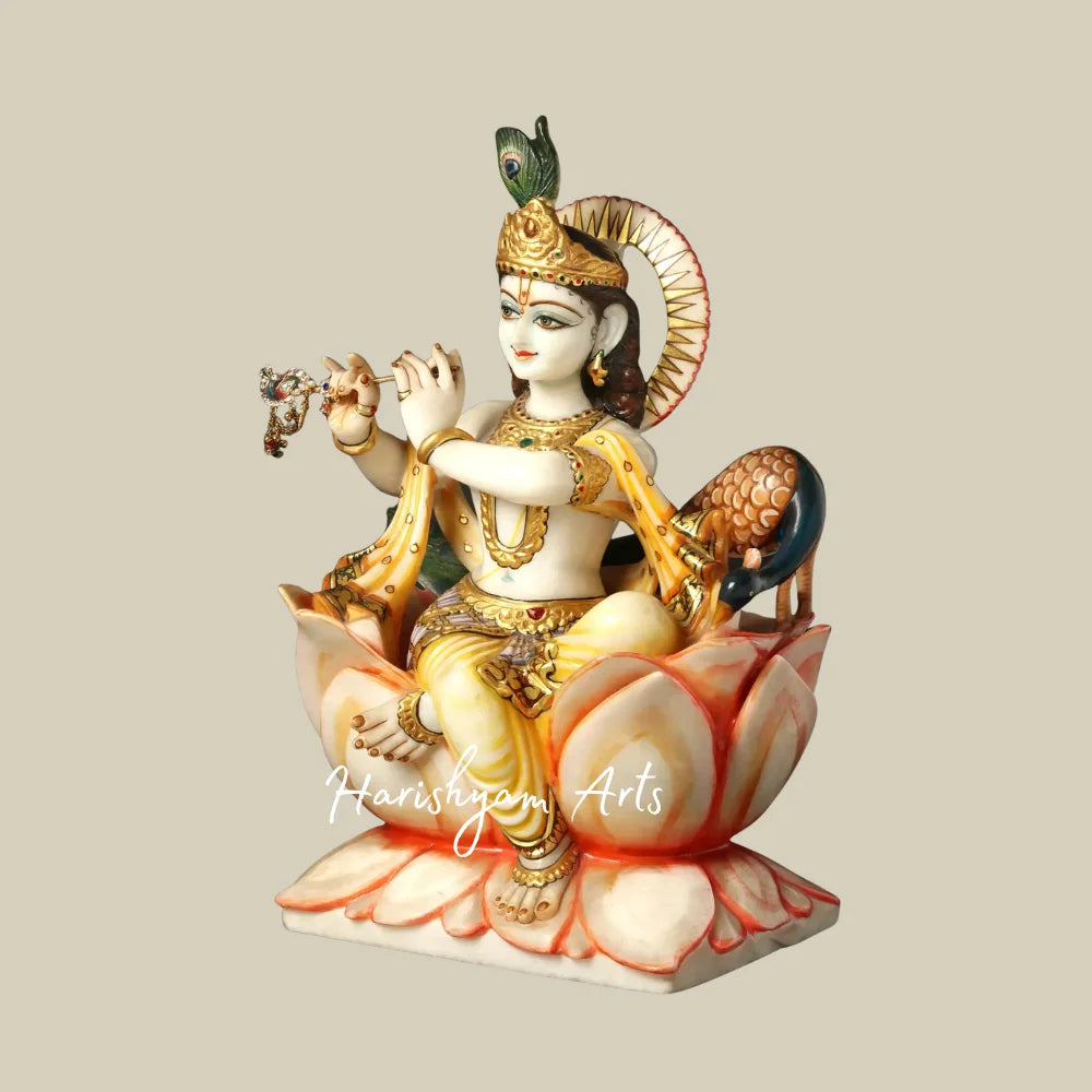 14" White Marble Lord Krishna Murti Playing Flute on Lotus Seat with Ornate Golden Jewelry