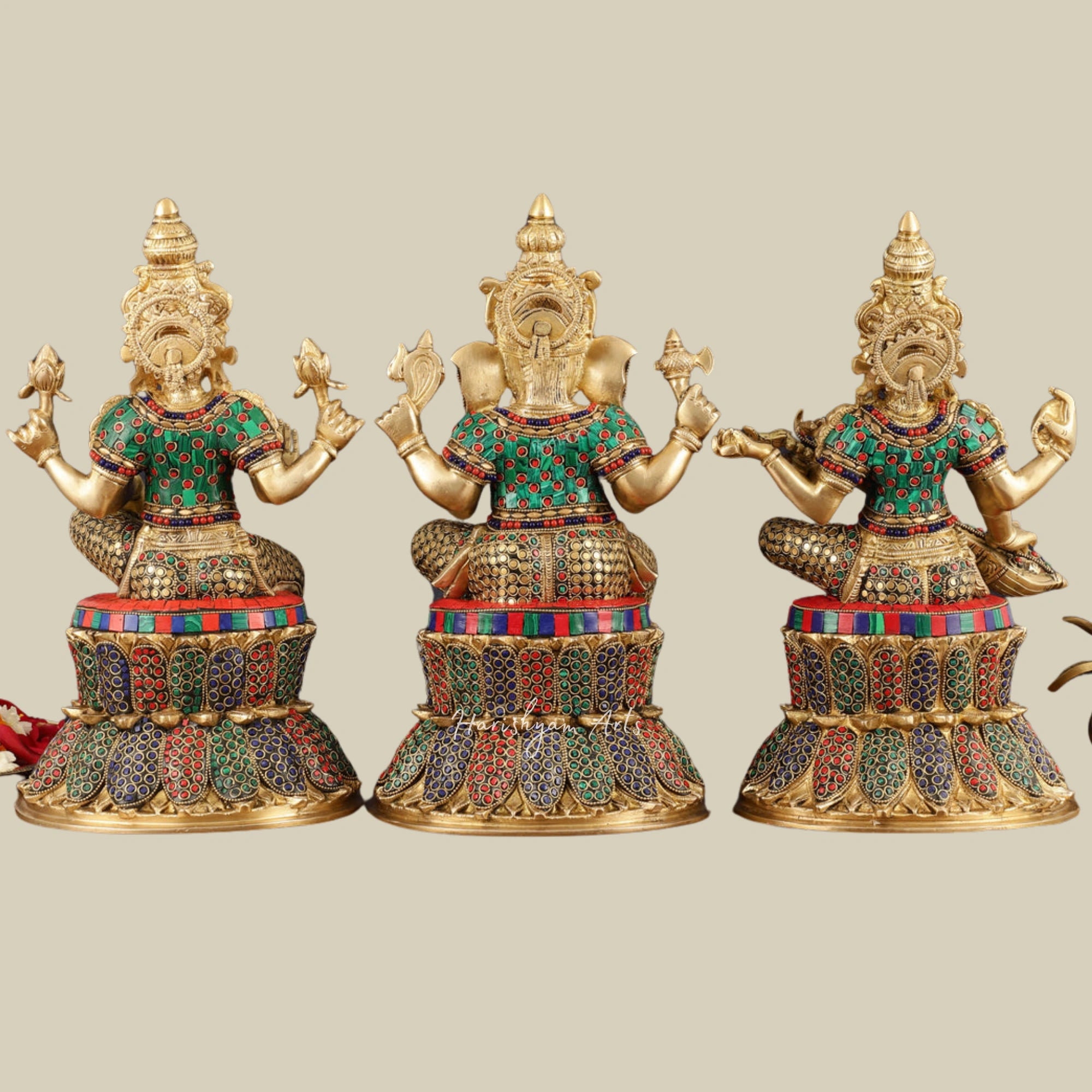 15" Brass Ganesh Lakshmi Saraswati Idols Set with Artistic Meenakari Detailing