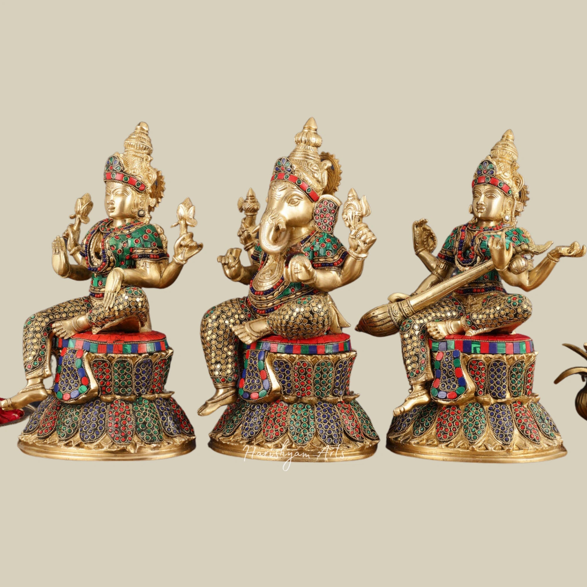 15" Brass Ganesh Lakshmi Saraswati Idols Set with Artistic Meenakari Detailing1