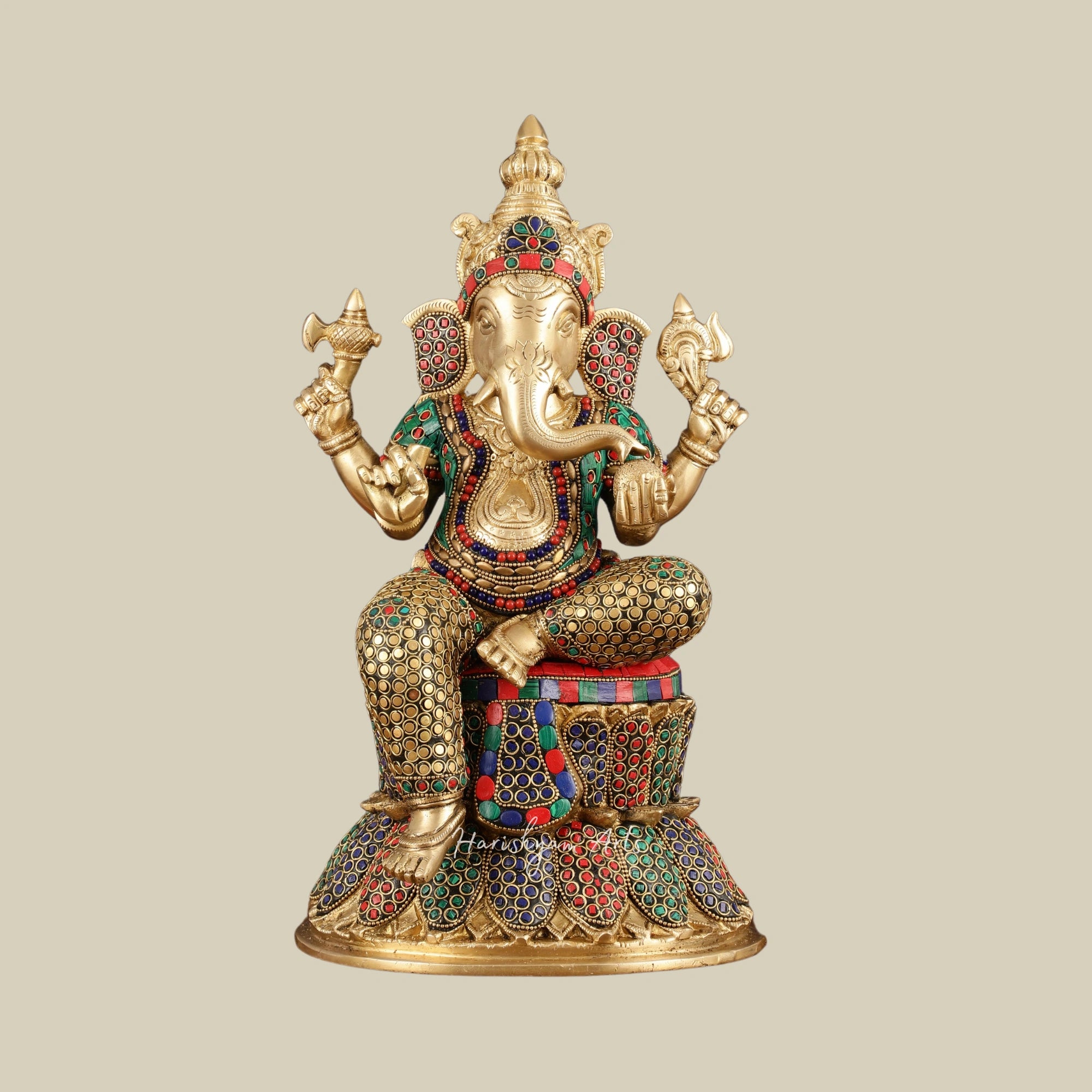 15" Brass Ganesh Lakshmi Saraswati Idols Set with Artistic Meenakari Detailing2