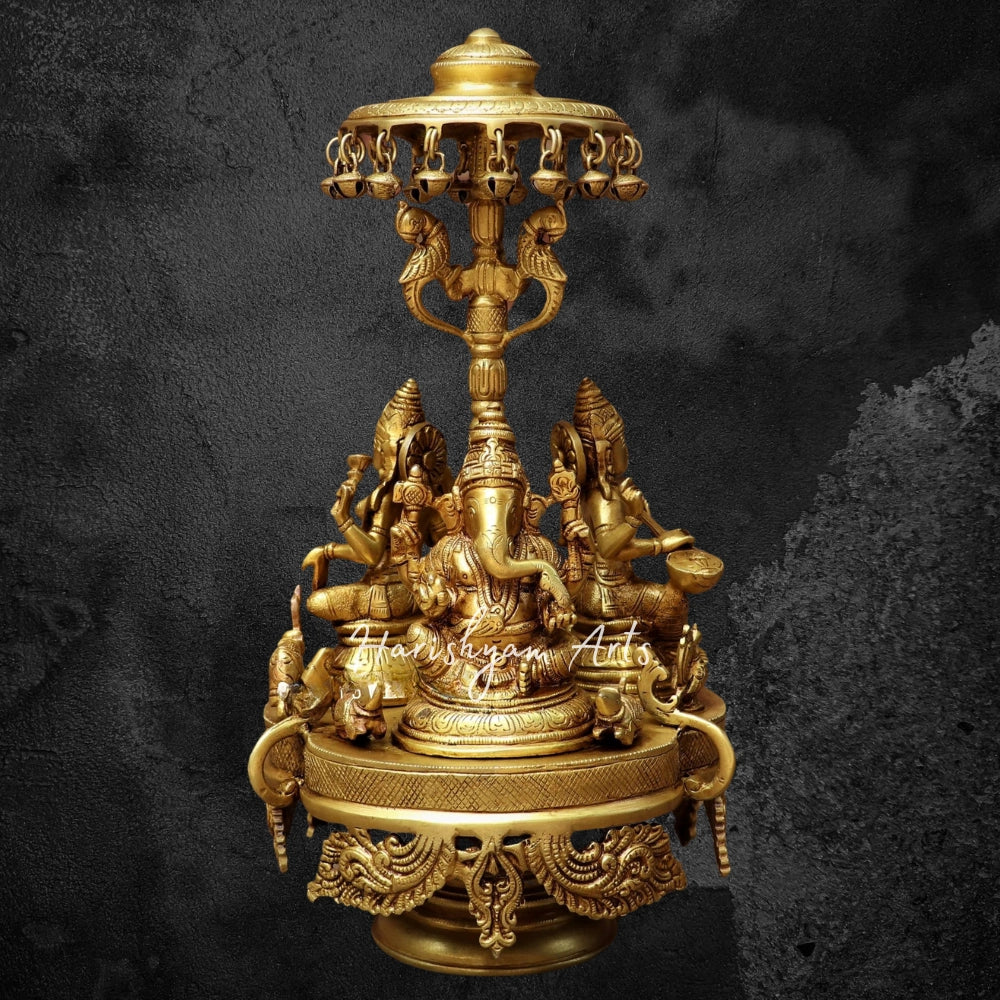 15" Brass Ganesh Lakshmi Saraswati Statue