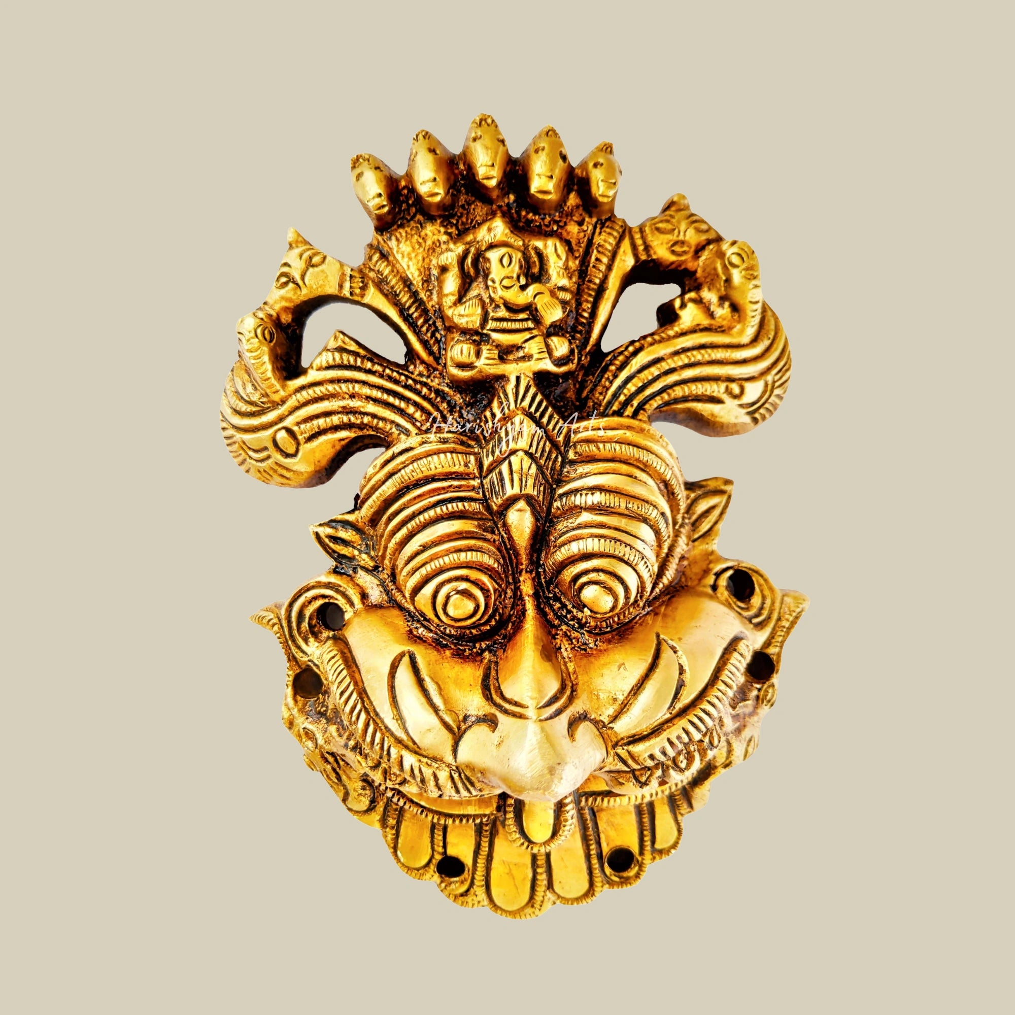 15" Brass Kirtimukha Yali Face Wall Hanging with Artistic Keerthi Mukut Detailing2