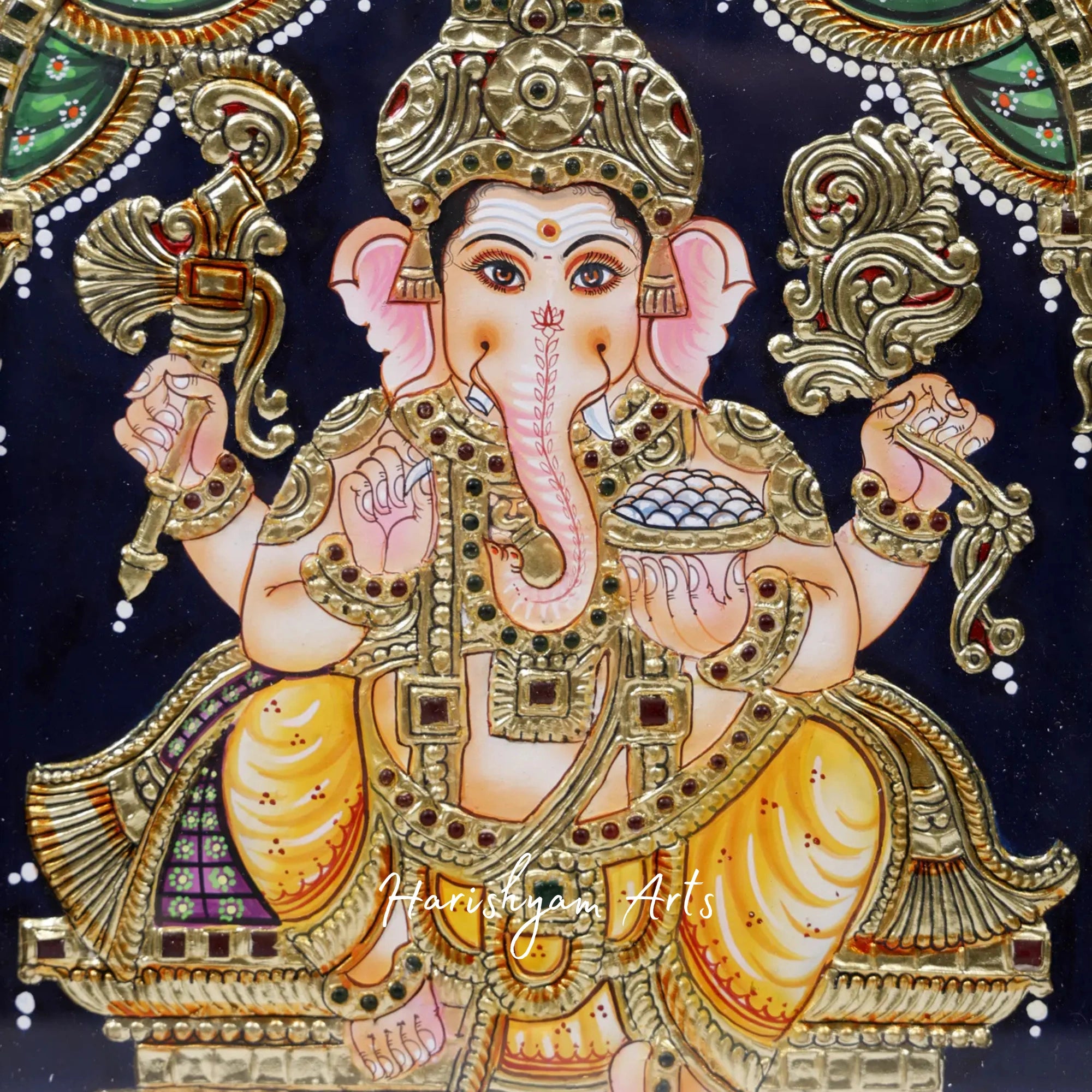 15" Chaturbhuja Lord Ganesha Tanjore Painting with Premium Wooden Frame1