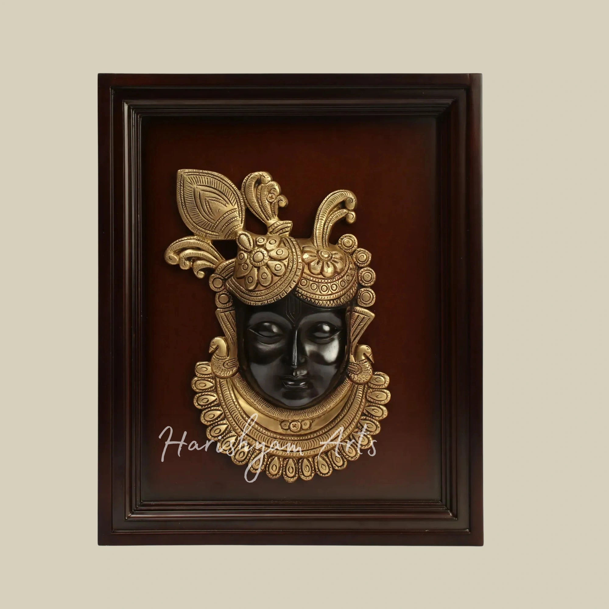 15" Divine Shrinath Ji Brass Face Wall Art Mounted in a Classic Wooden Frame
