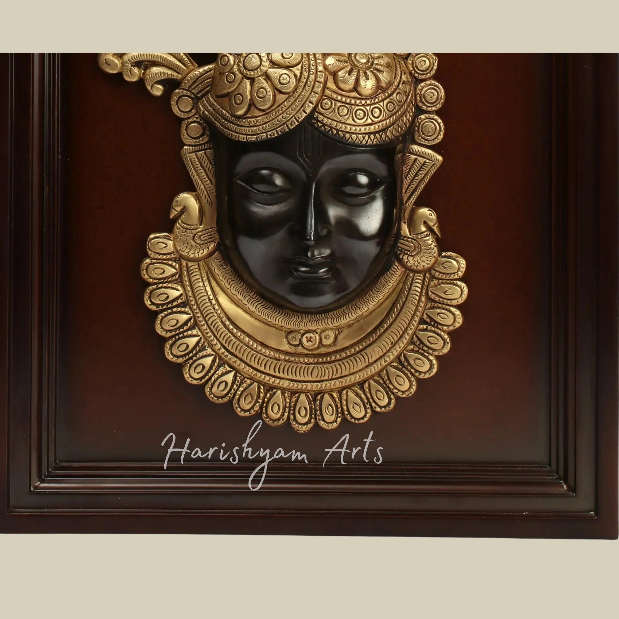 15" Divine Shrinath Ji Brass Face Wall Art Mounted in a Classic Wooden Frame