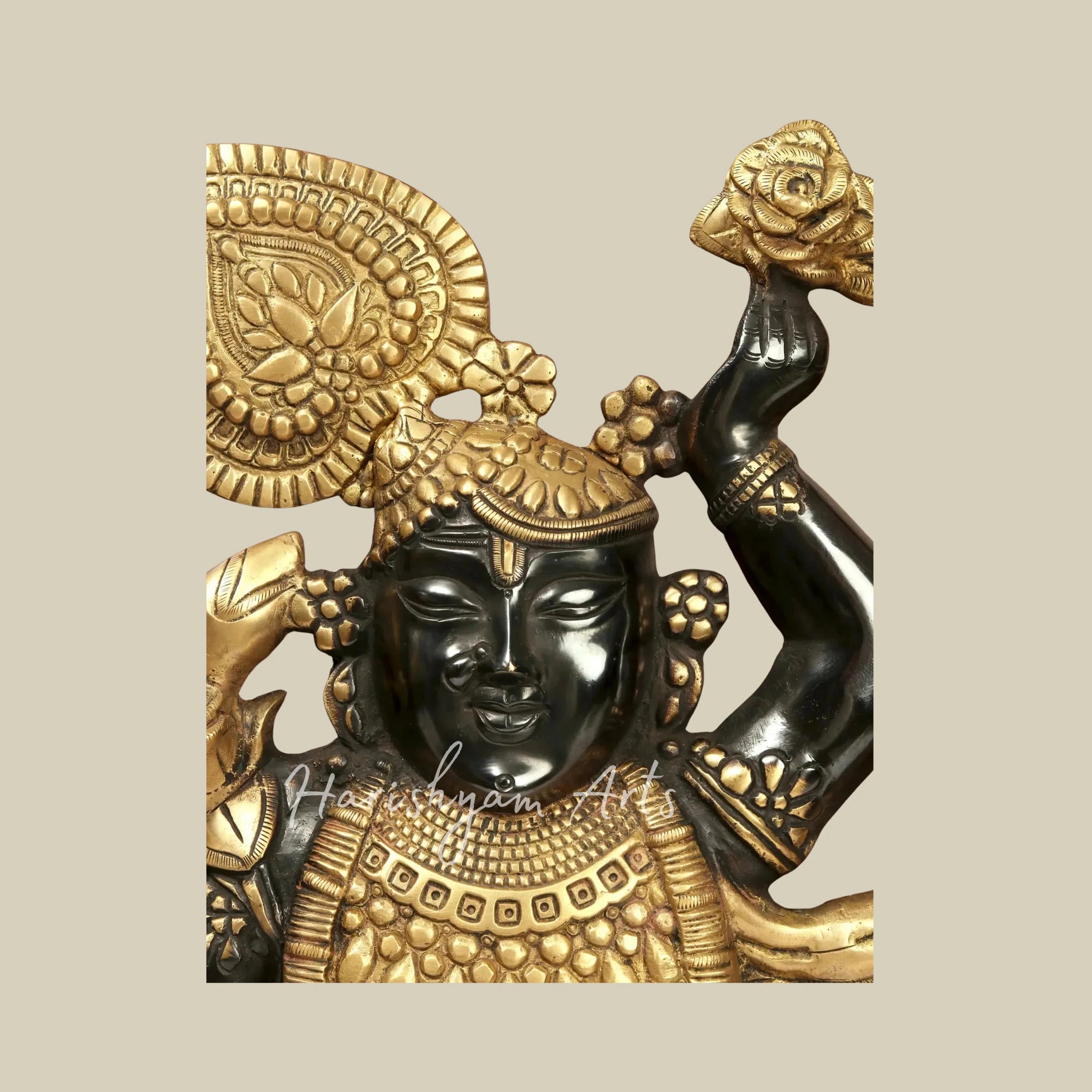 15" Divine Shrinath Ji Brass Face Wall Art Mounted in a Classic Wooden Frame