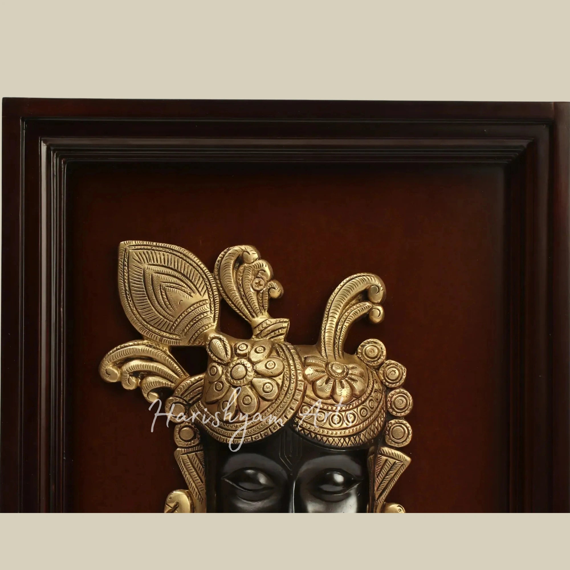 15" Divine Shrinath Ji Brass Face Wall Art Mounted in a Classic Wooden Frame