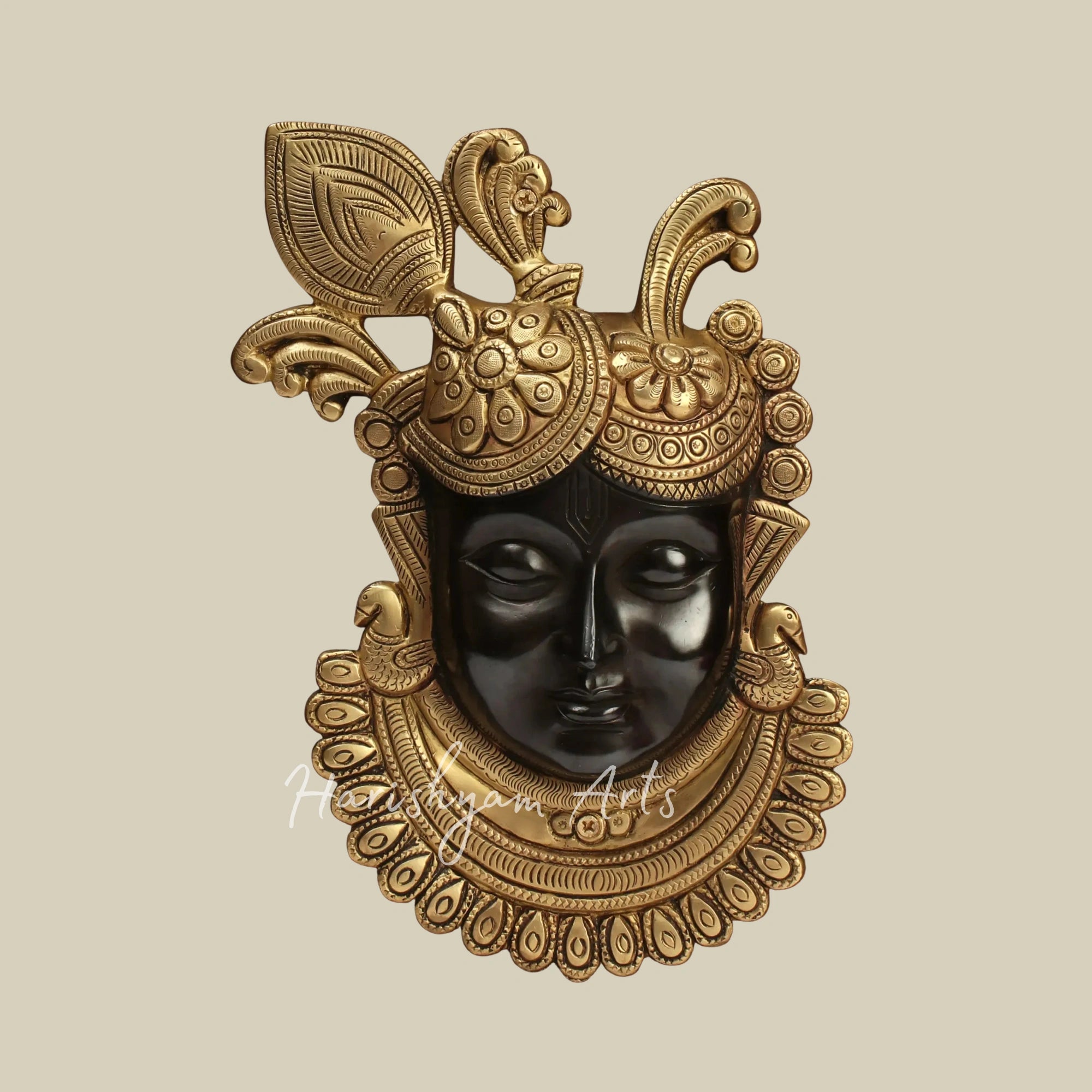 15" Divine Shrinath Ji Brass Face Wall Art Mounted in a Classic Wooden Frame