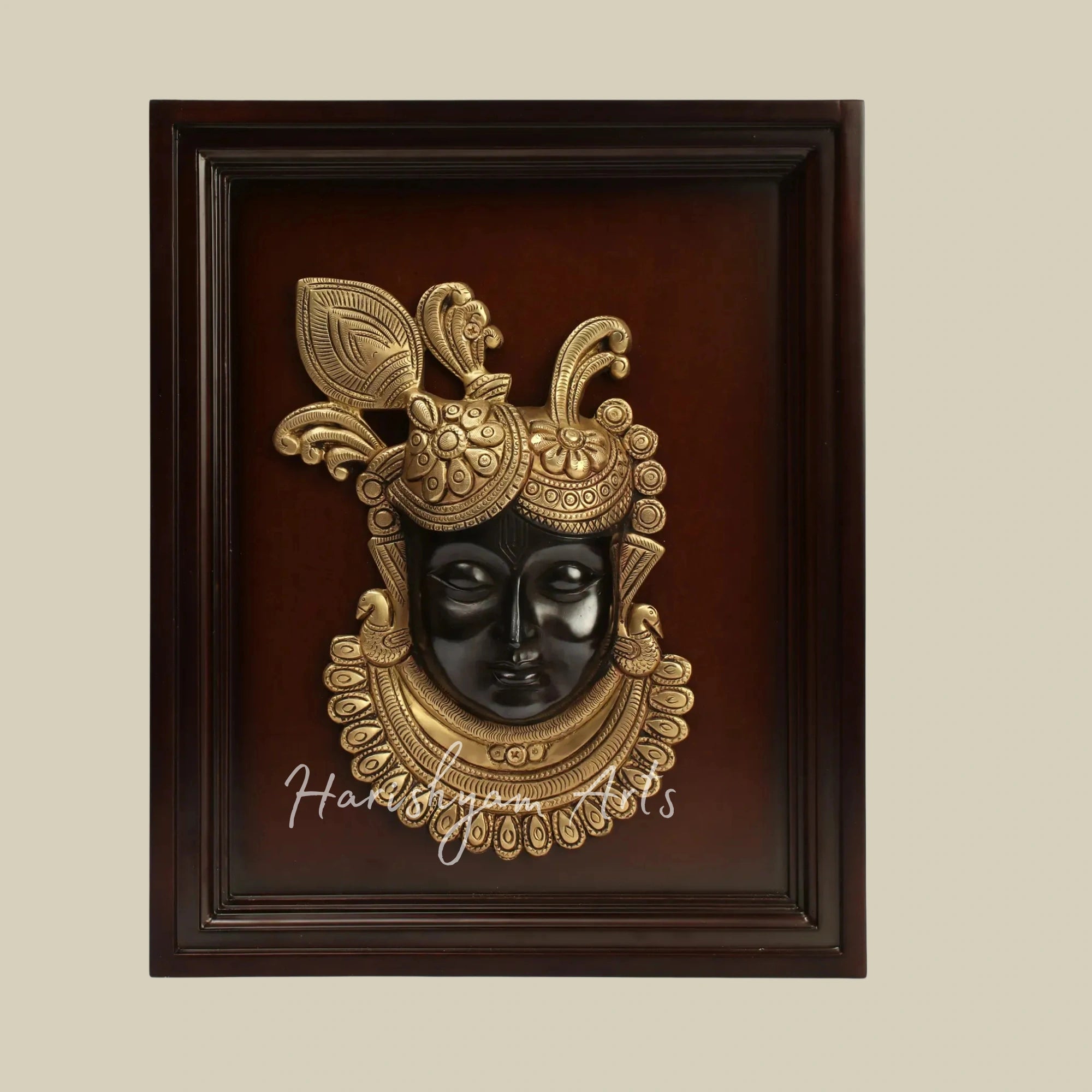 15" Divine Shrinath Ji Brass Face Wall Art Mounted in a Classic Wooden Frame