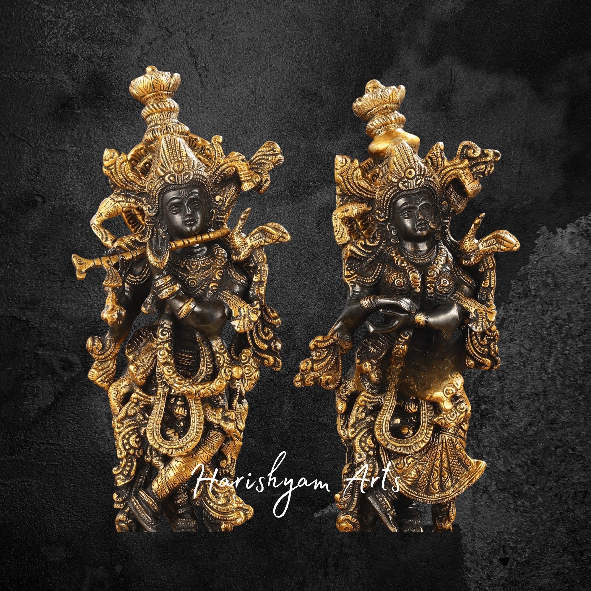 15" Exquisite Black Finish Radha Krishna Idols in Brass