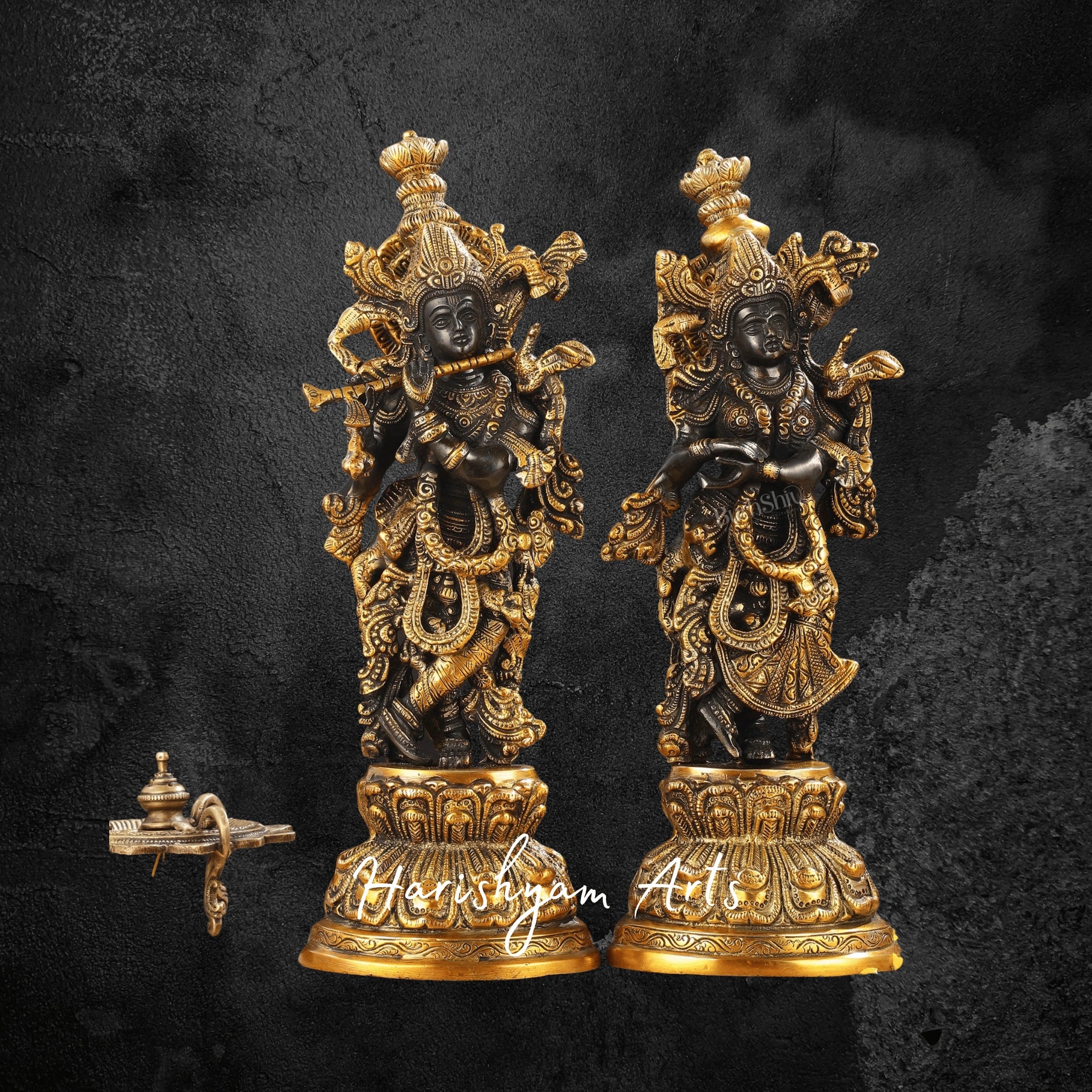 15" Exquisite Black Finish Radha Krishna Idols in Brass