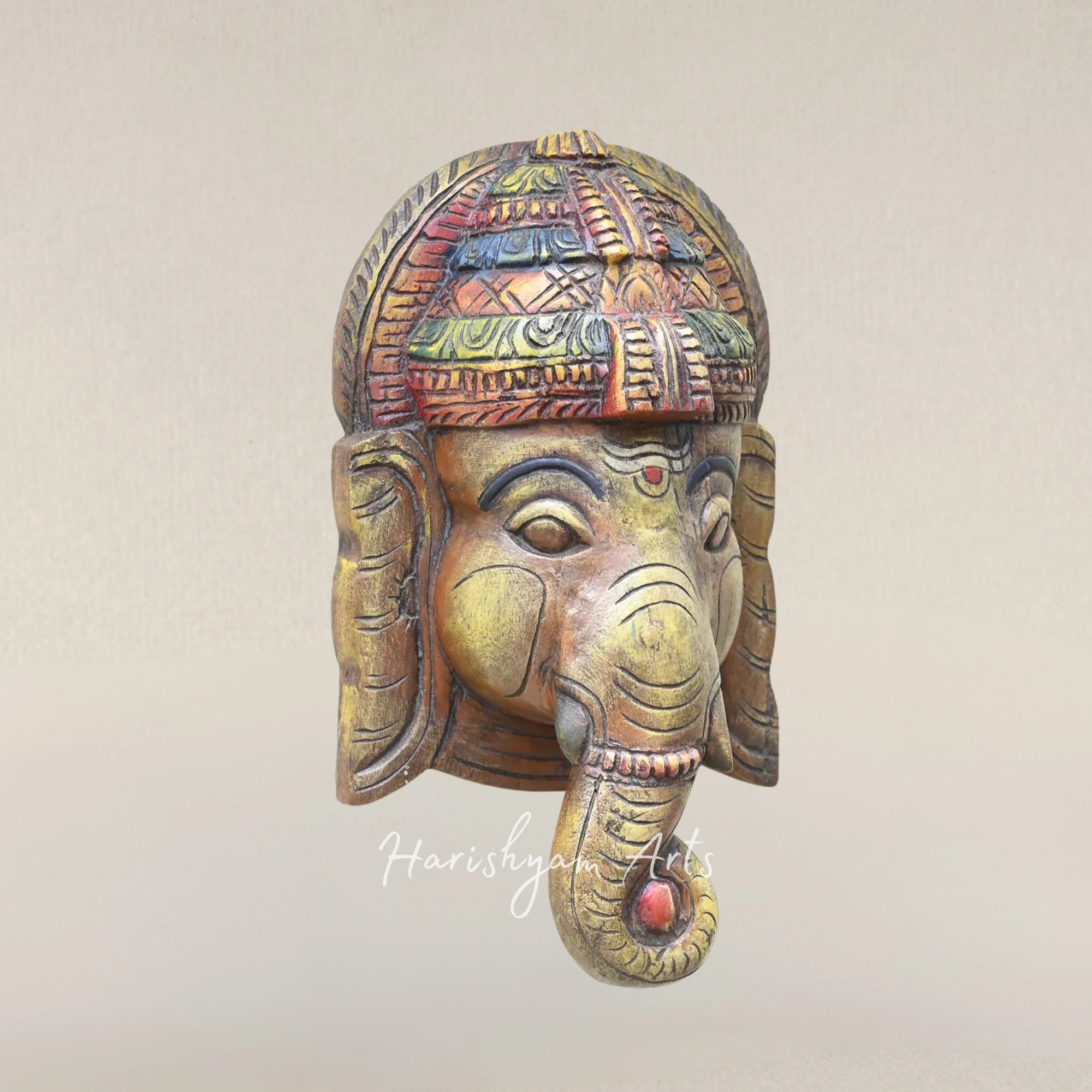 15" Ganesha Blessing Wooden Face Carving for Wall Display