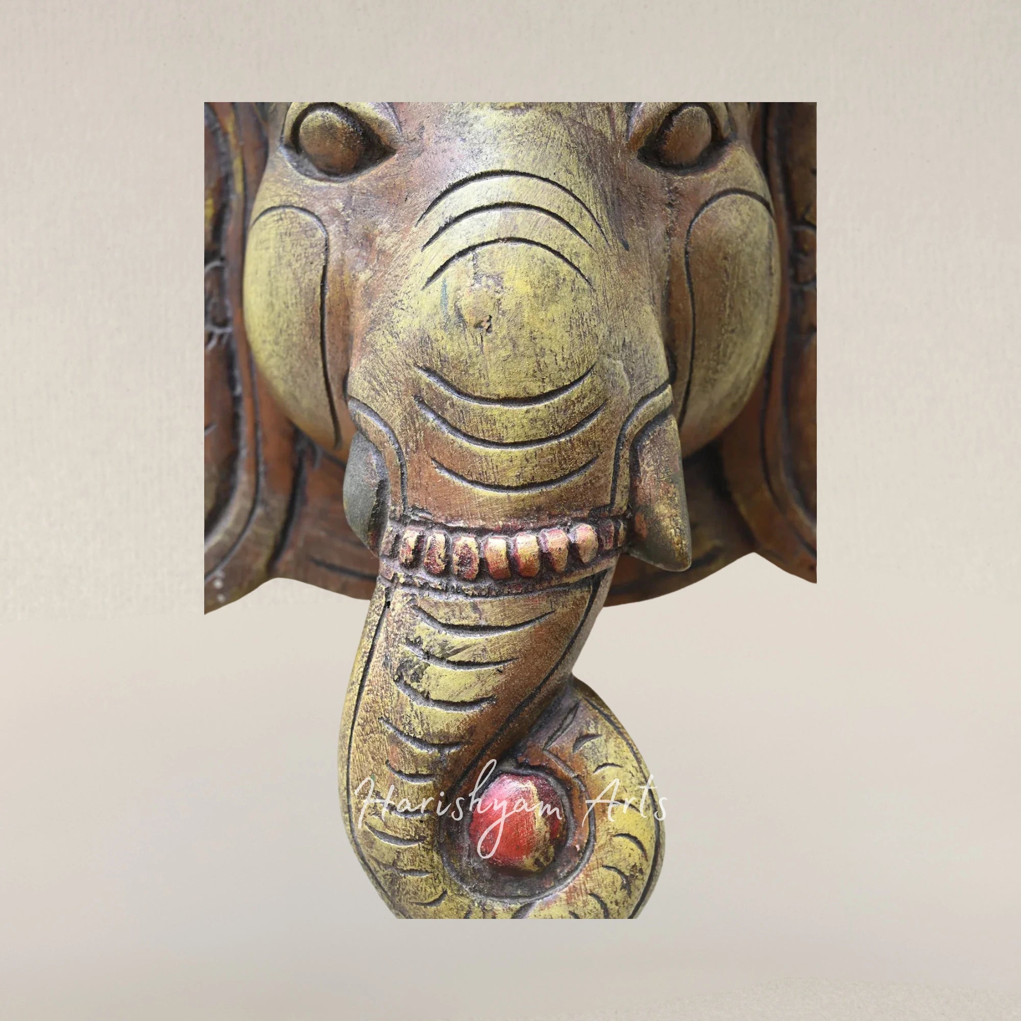 15" Ganesha Blessing Wooden Face Carving for Wall Display
