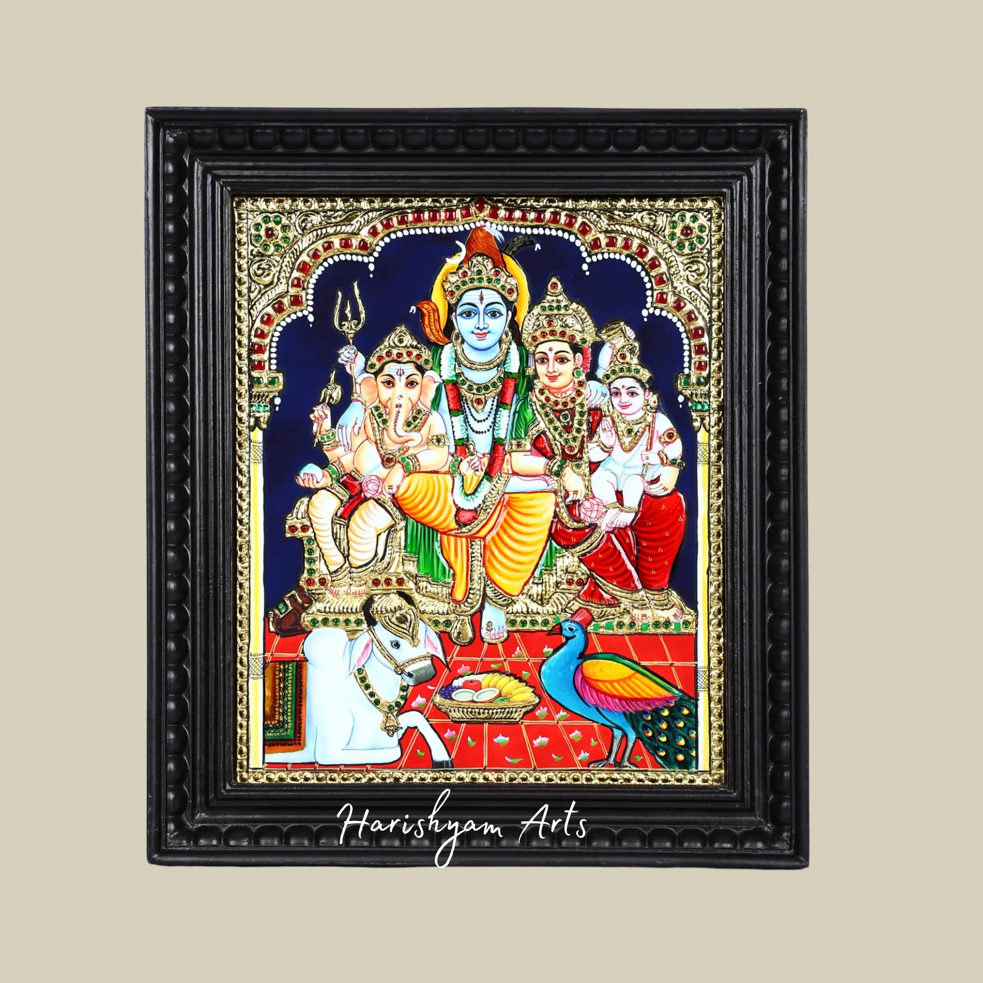 15" Graceful Lord Shiva Family Tanjore Painting with Ornate Frame