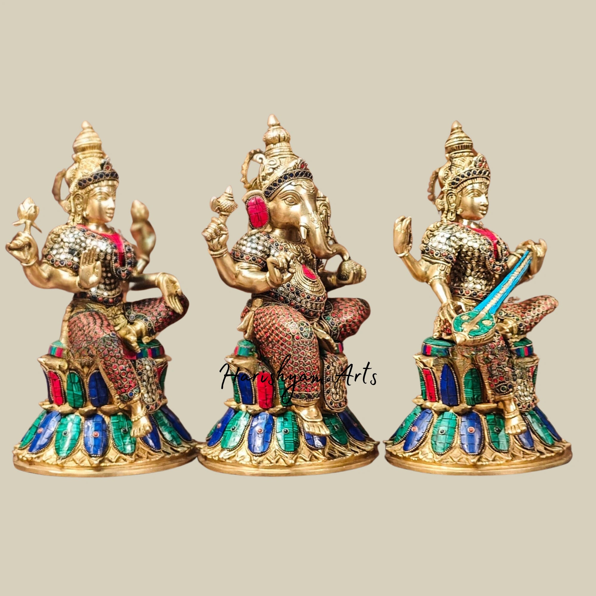 15" Handcrafted Brass Ganesha Lakshmi Saraswati Idols with Intricate Stone Detailing