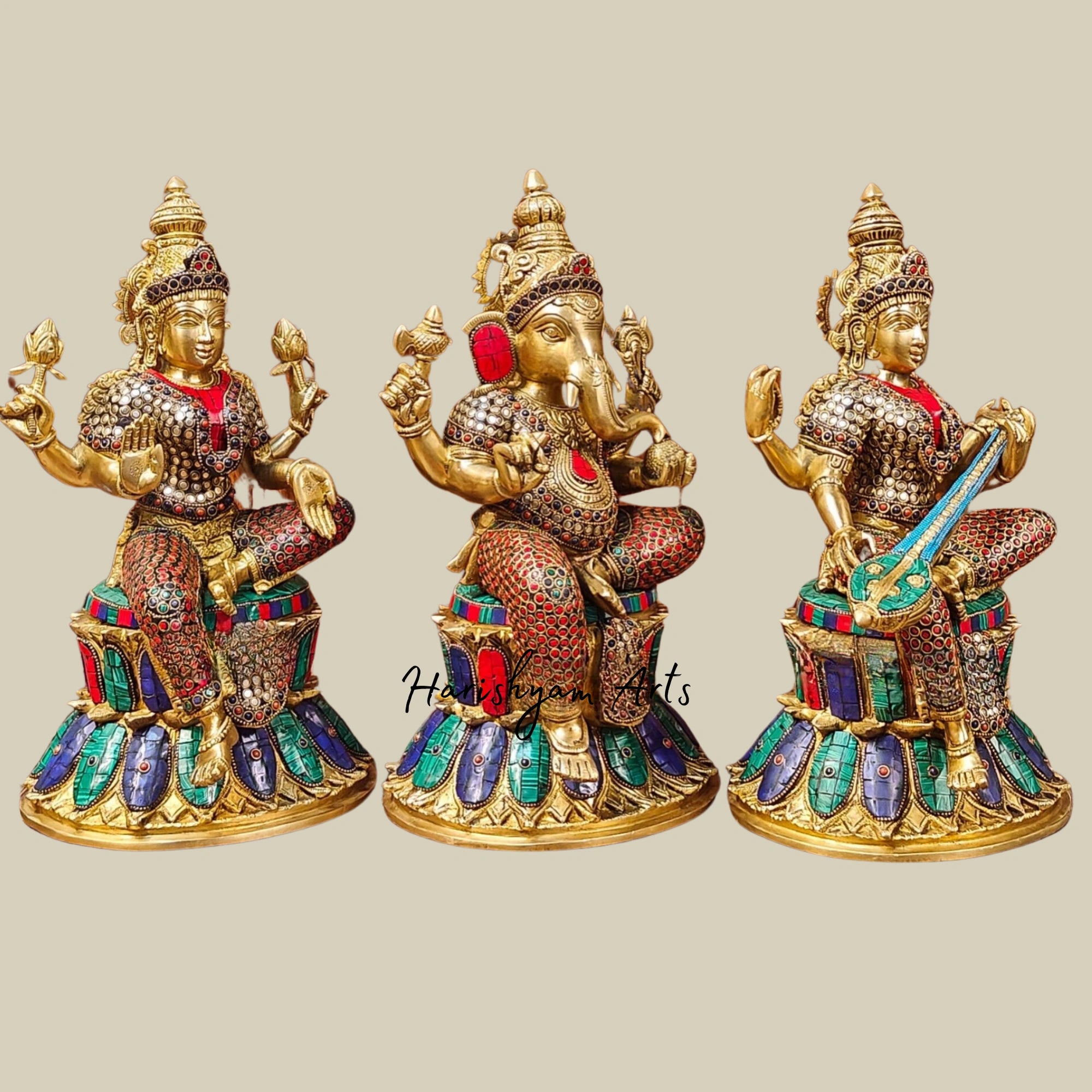 15" Handcrafted Brass Ganesha Lakshmi Saraswati Idols with Intricate Stone Detailing1