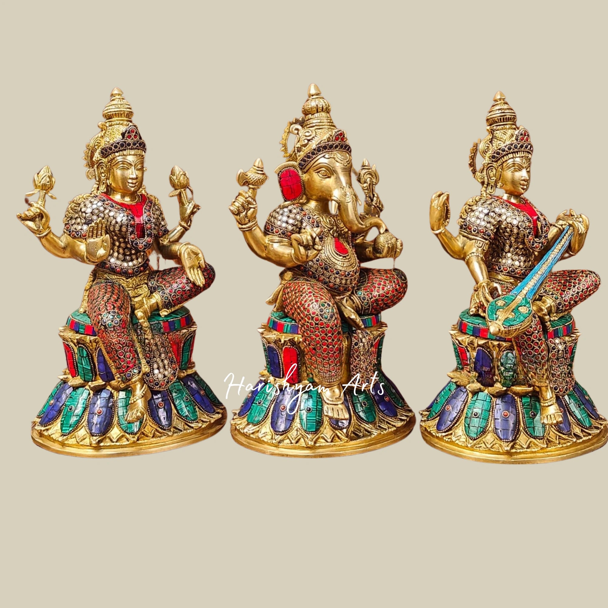 15" Handcrafted Brass Ganesha Lakshmi Saraswati Idols with Intricate Stone Detailing2