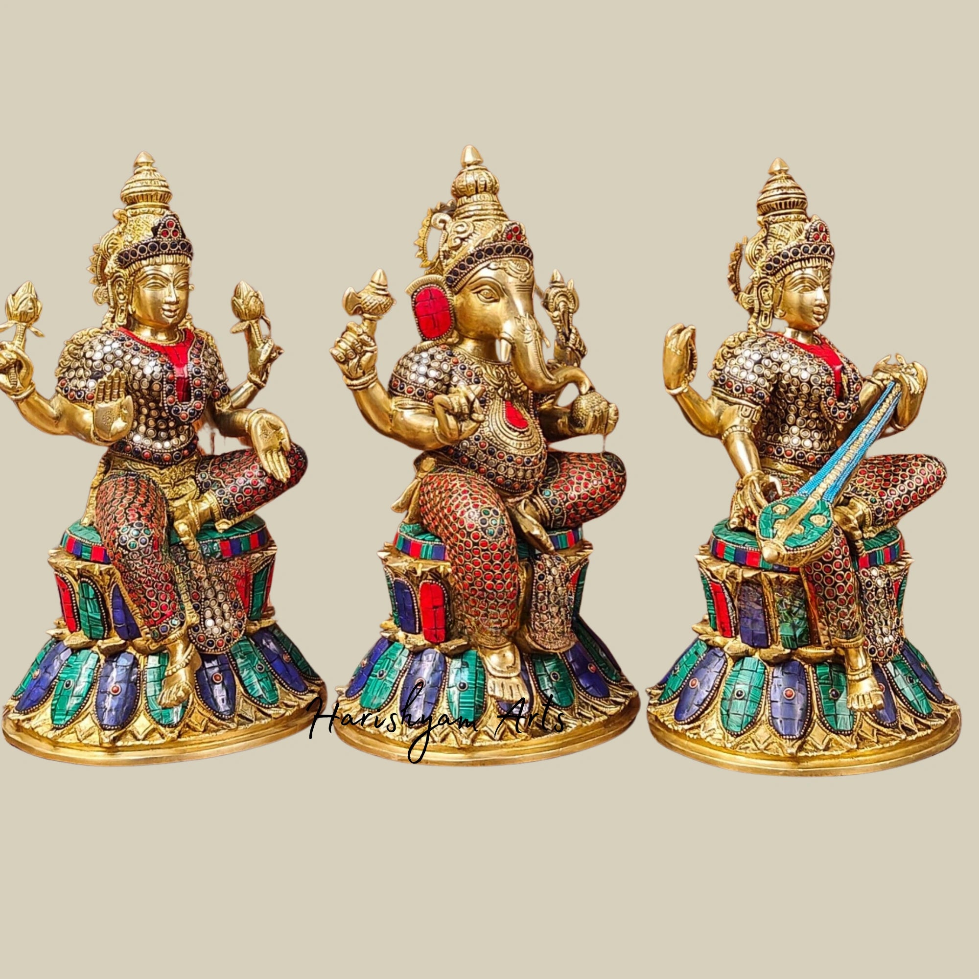 15" Handcrafted Brass Ganesha Lakshmi Saraswati Idols with Intricate Stone Detailing3