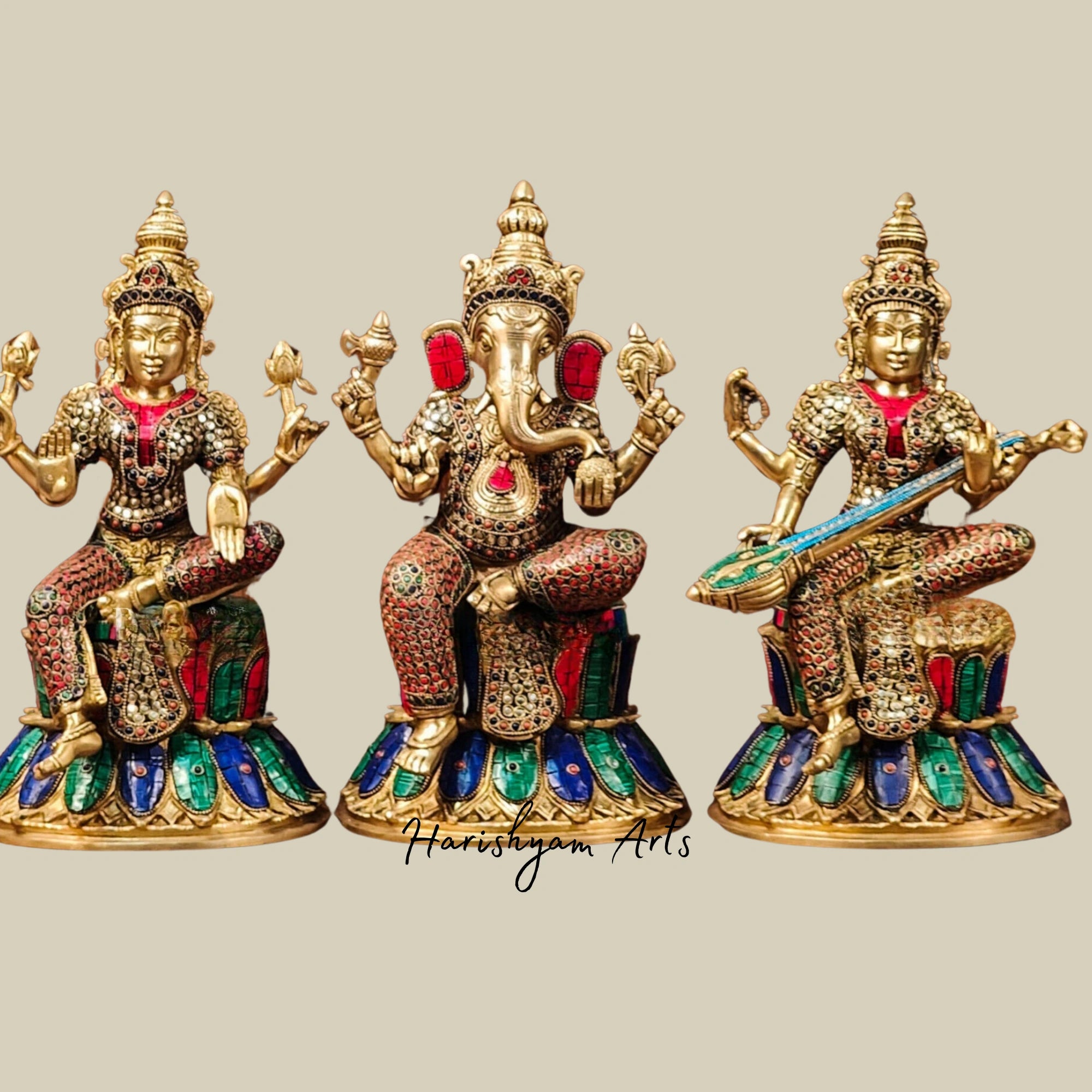 15" Handcrafted Brass Ganesha Lakshmi Saraswati Idols with Intricate Stone Detailing7