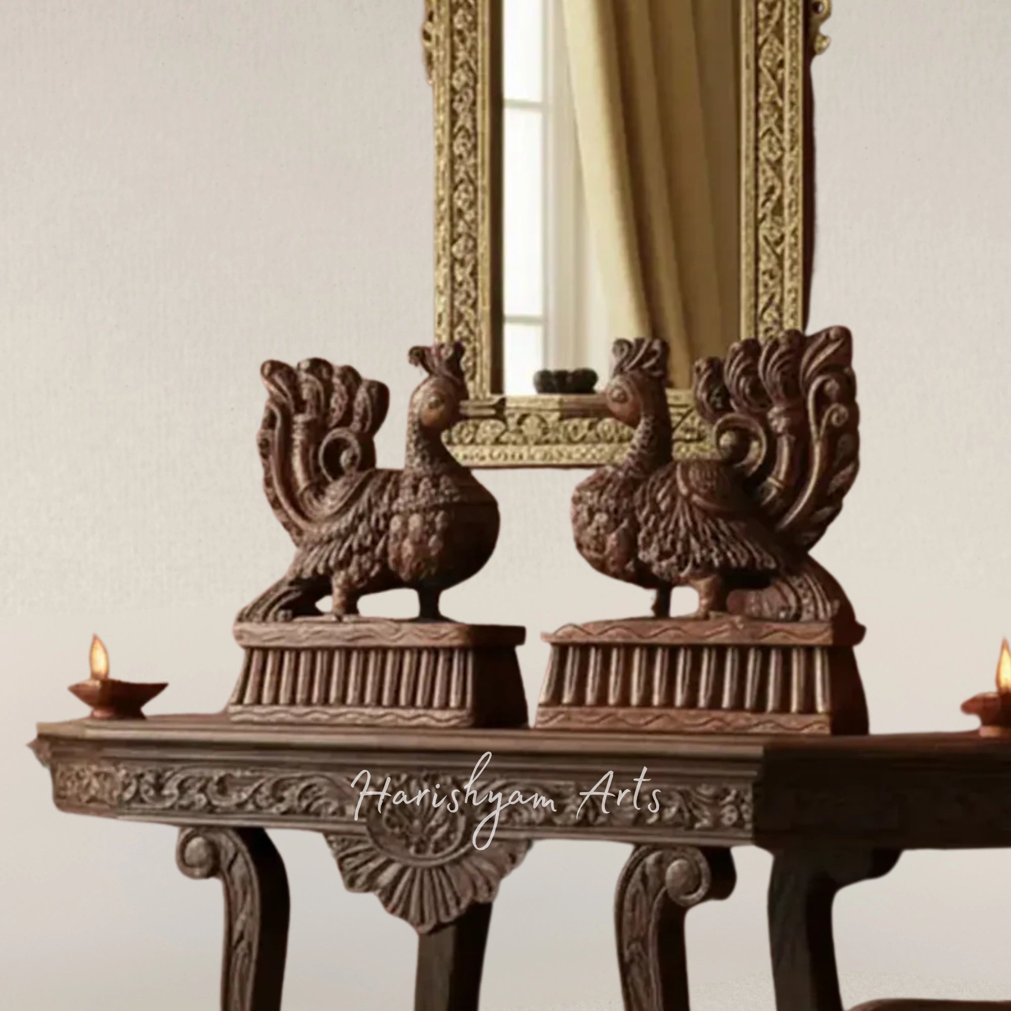 15" Handcrafted Hamsa Bird Pair Wooden Figurines for Living Room Decor