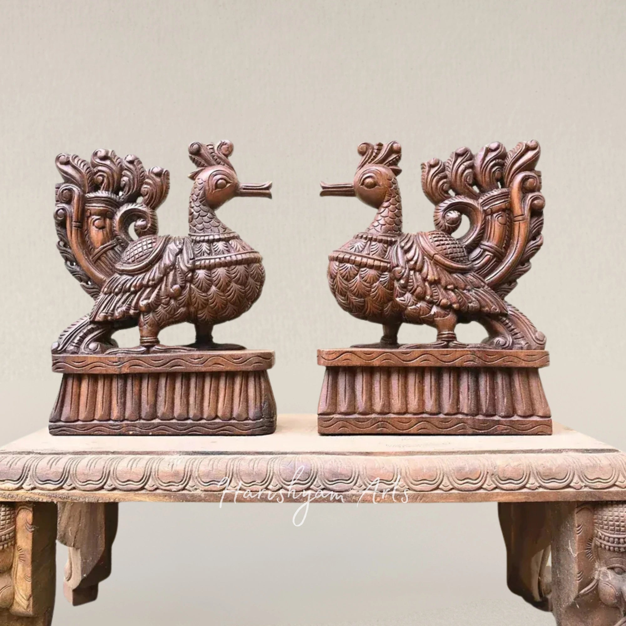 15" Handcrafted Hamsa Bird Pair Wooden Figurines for Living Room Decor