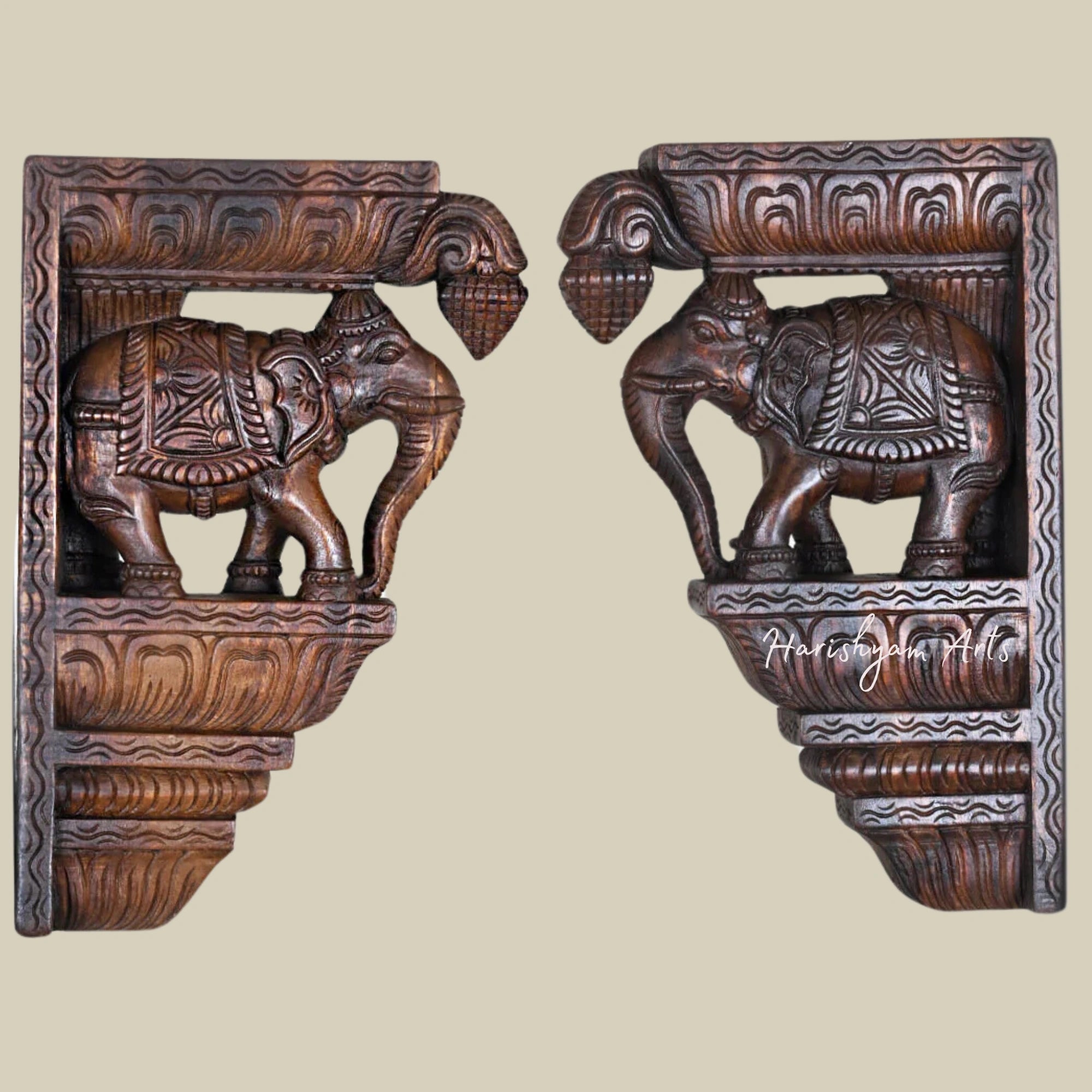 15" Intricately Carved Wooden Wall Brackets with Paired Elephant Design and Decorative Hooks1