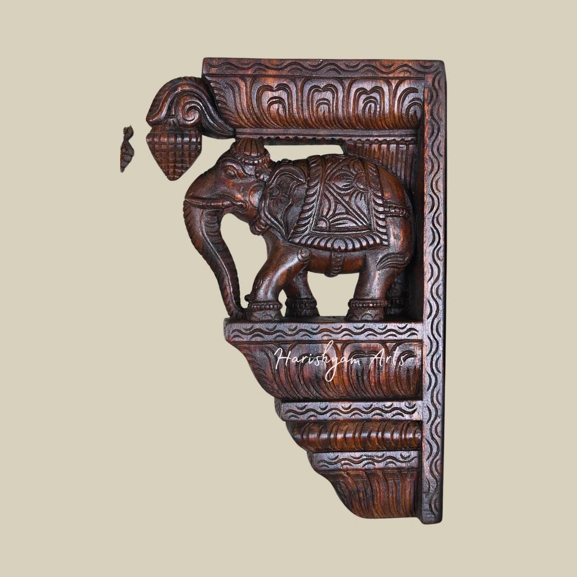 15" Intricately Carved Wooden Wall Brackets with Paired Elephant Design and Decorative Hooks3