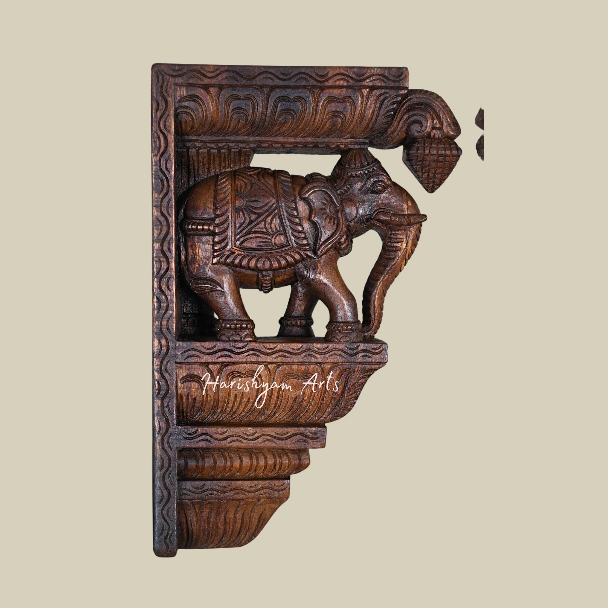 15" Intricately Carved Wooden Wall Brackets with Paired Elephant Design and Decorative Hooks4