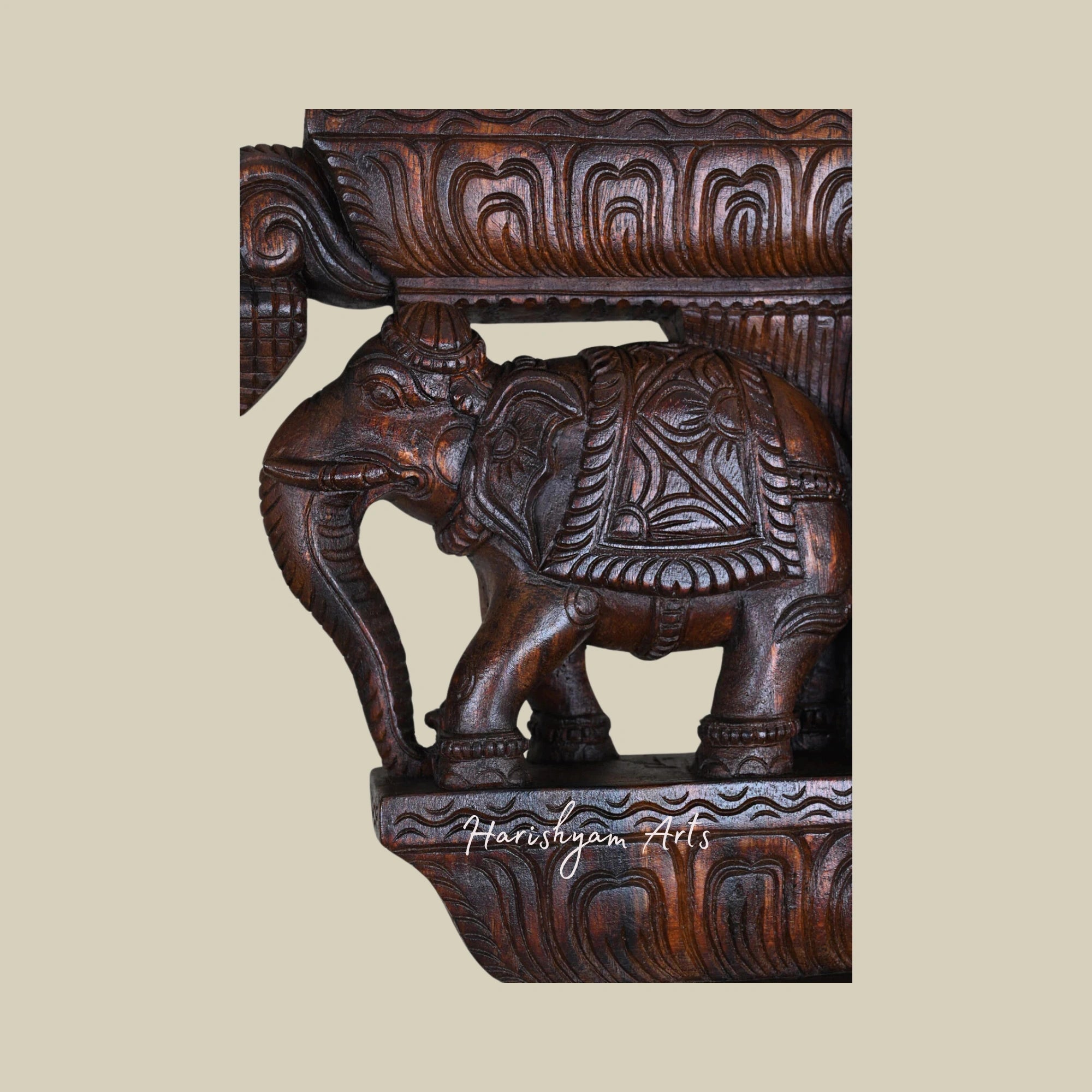 15" Intricately Carved Wooden Wall Brackets with Paired Elephant Design and Decorative Hooks5