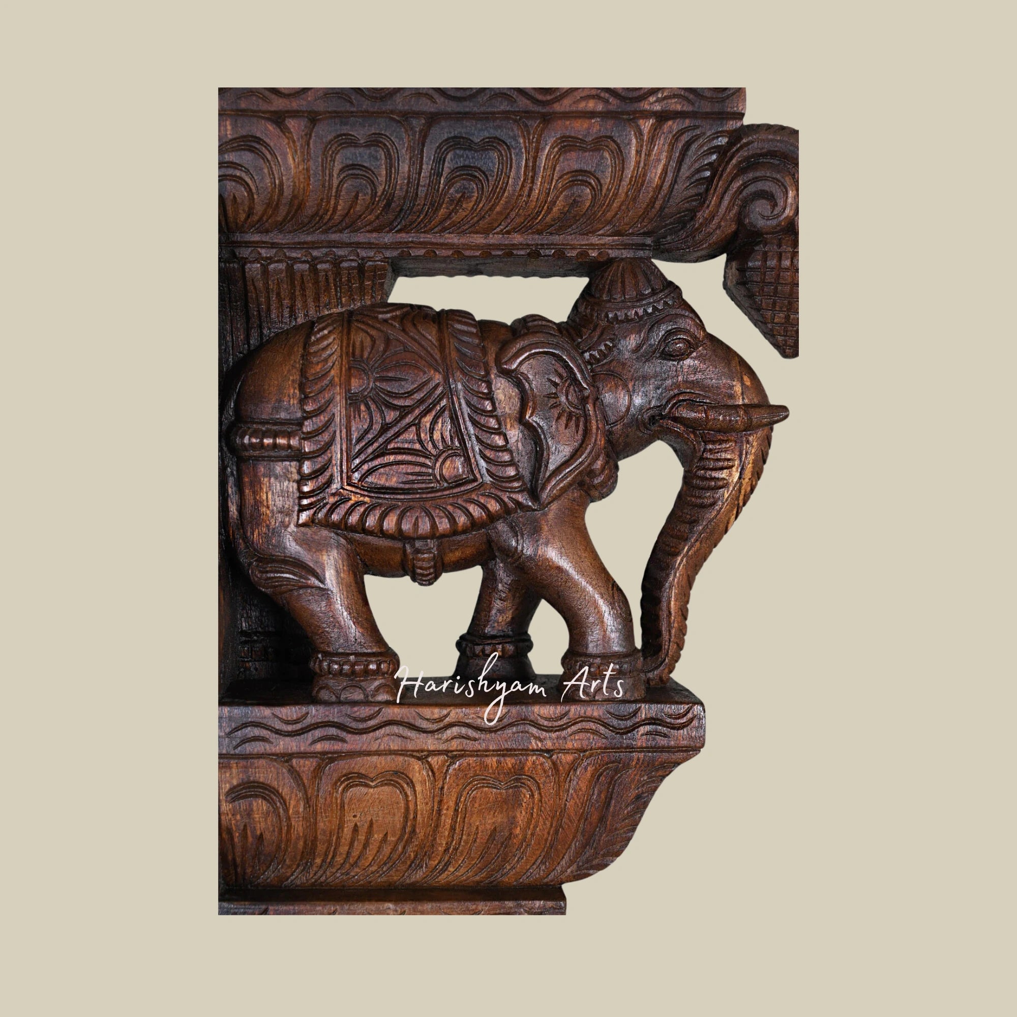 15" Intricately Carved Wooden Wall Brackets with Paired Elephant Design and Decorative Hooks6