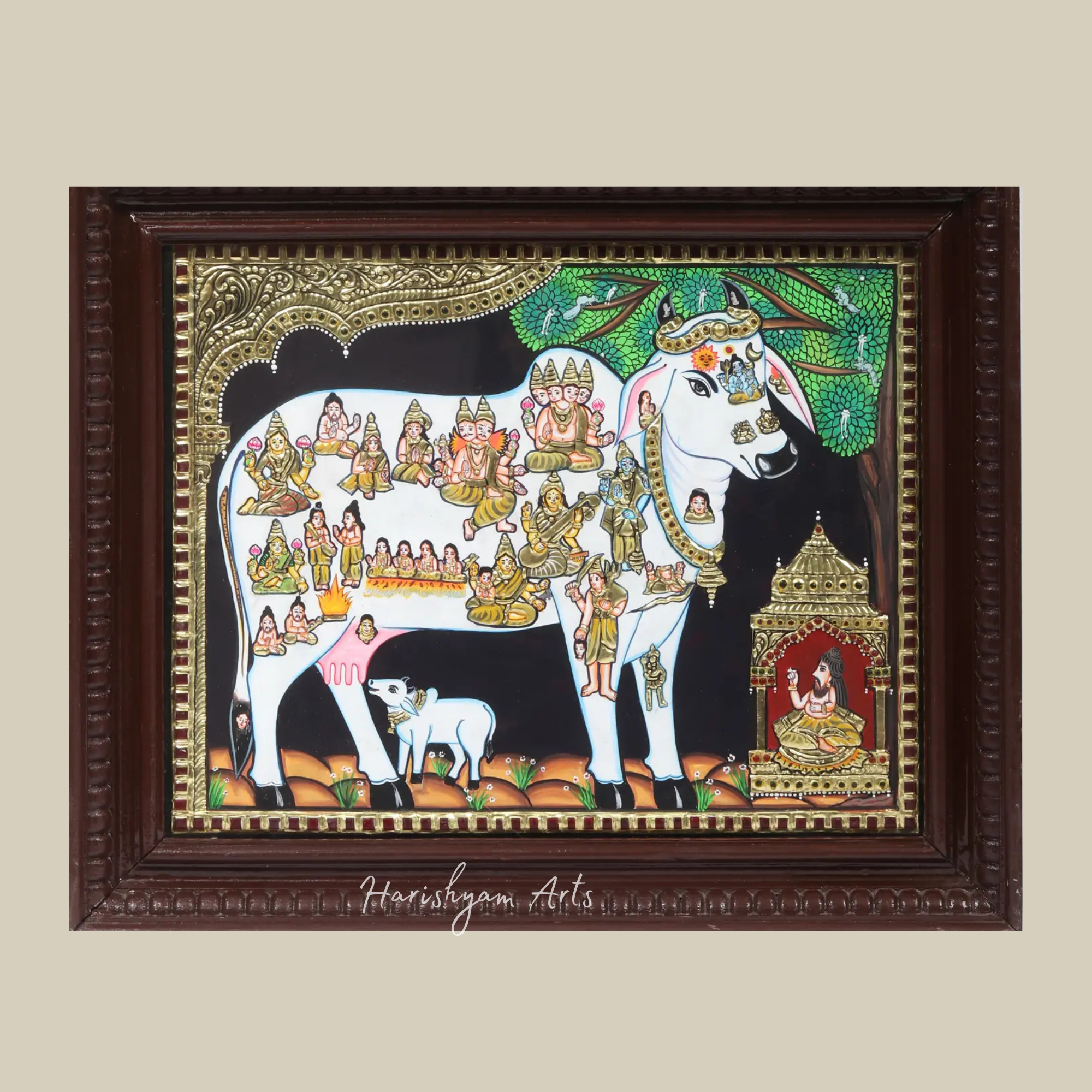 15" Kashyapa Offering Prayers to Kamadhenu Cow in Tanjore Art