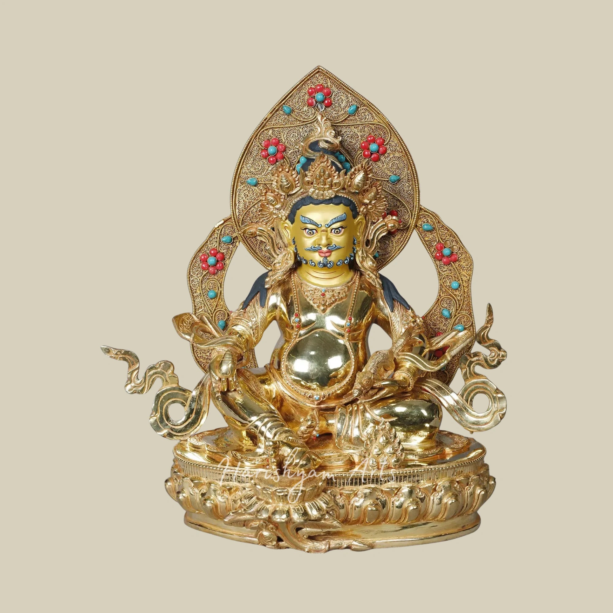15" Kubera with Mongoose Copper Figurine Gold Plated Finish