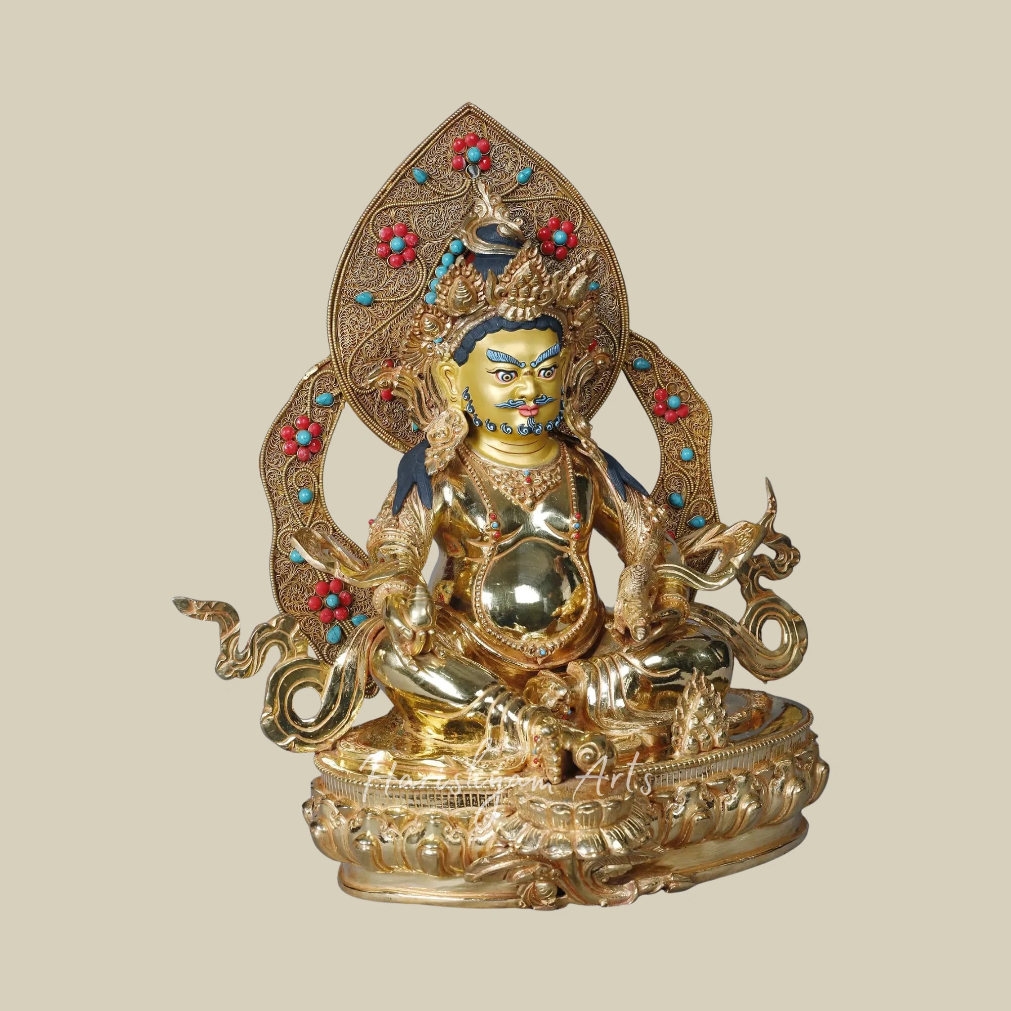 15" Kubera with Mongoose Copper Figurine Gold Plated Finish