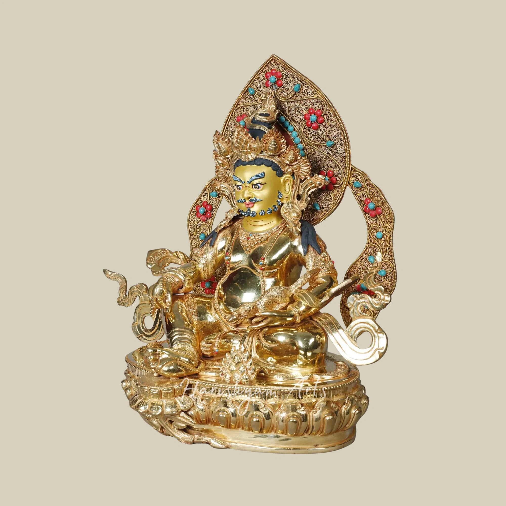 15" Kubera with Mongoose Copper Figurine Gold Plated Finish