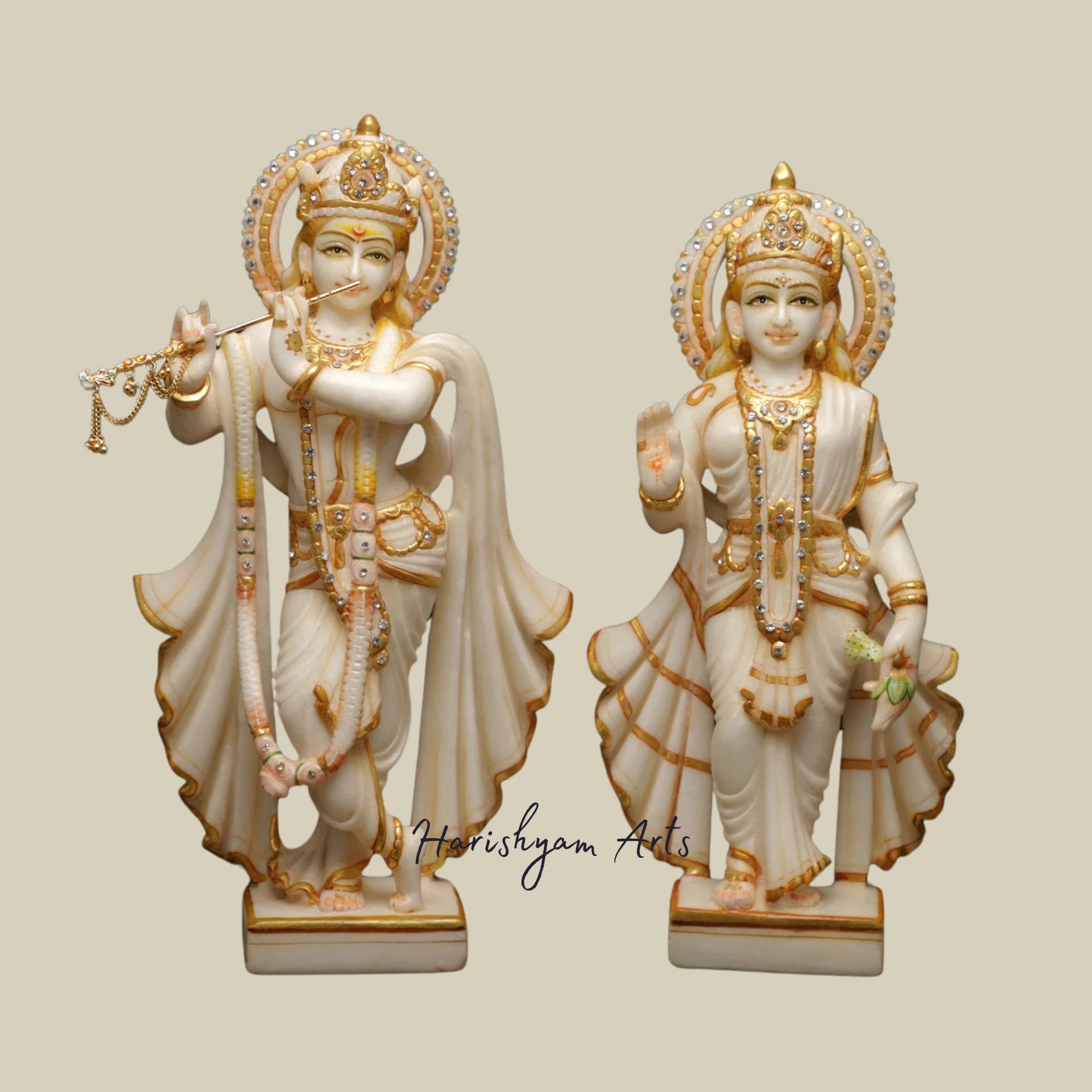 15" Large Handmade Marble Radha Krishna Statue for Temples