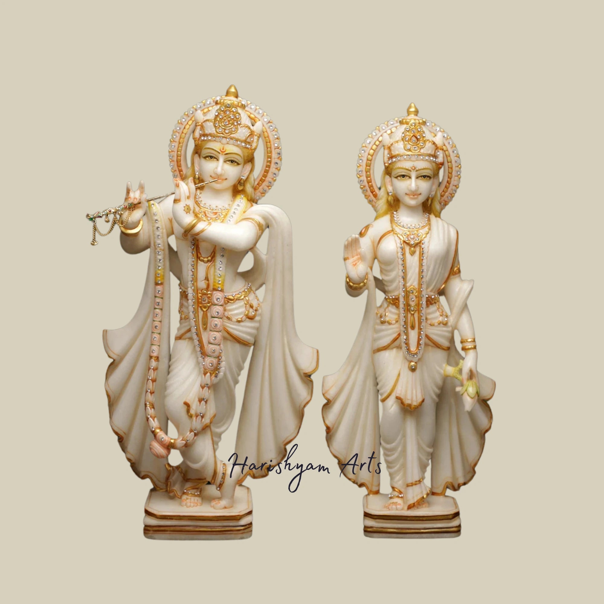 15" Large Handmade Marble Radha Krishna Statue for Temples