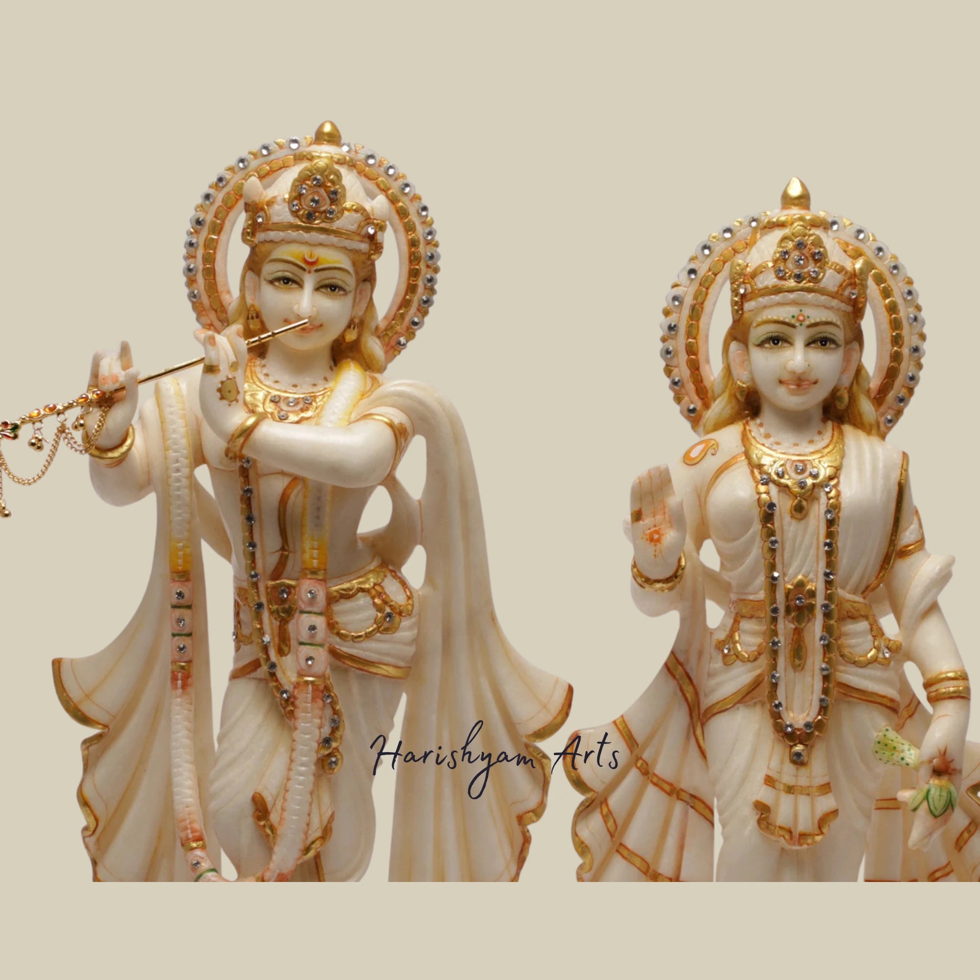 15" Large Handmade Marble Radha Krishna Statue for Temples