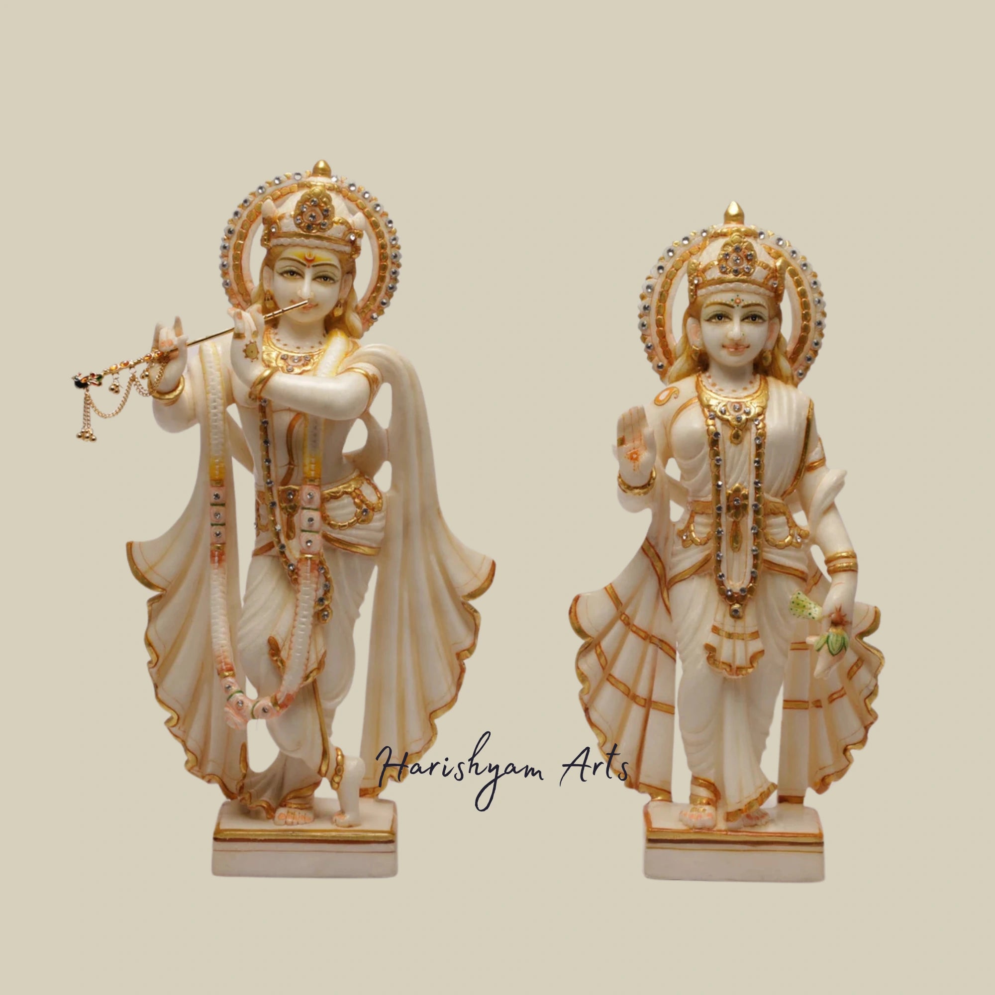 15" Large Handmade Marble Radha Krishna Statue for Temples