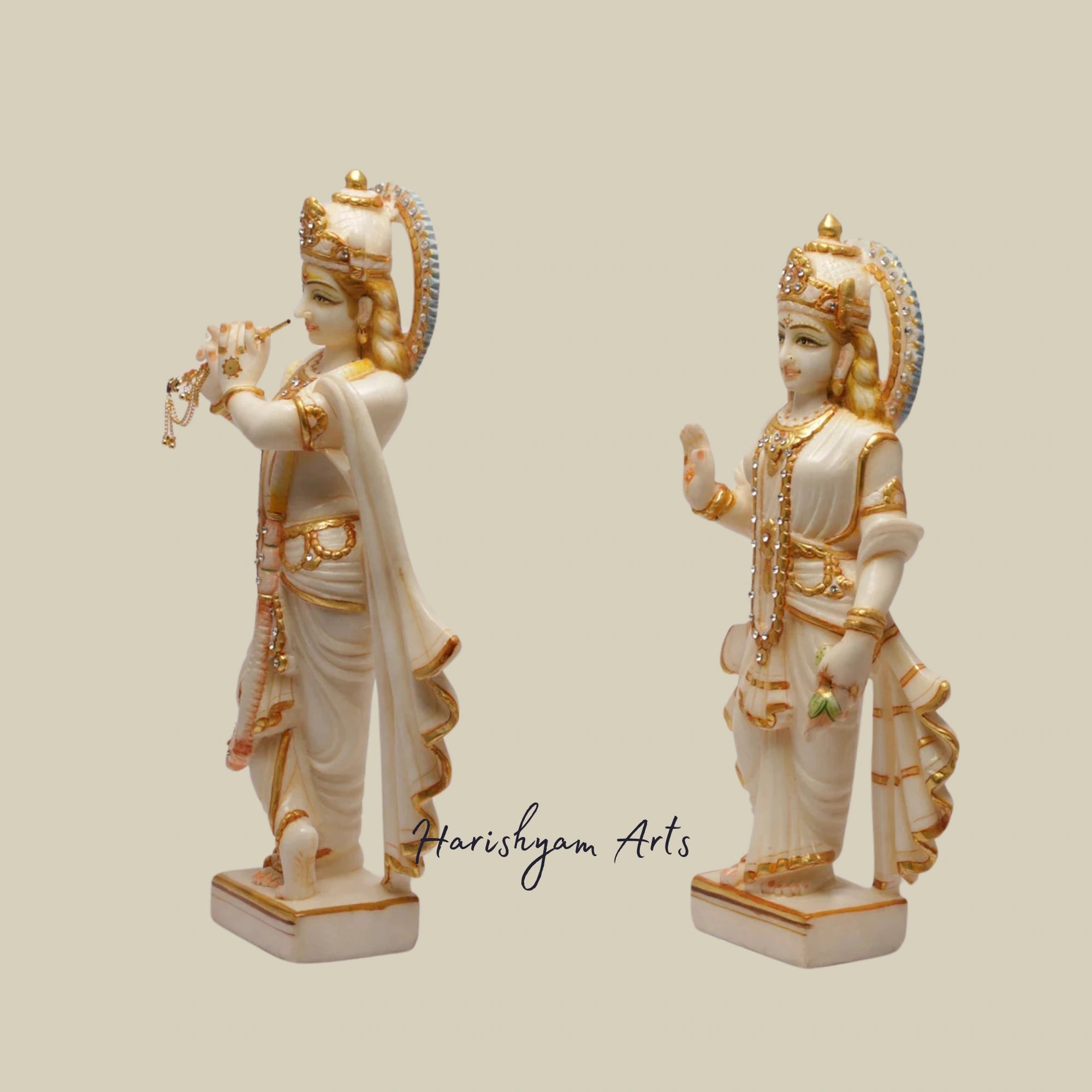 15" Large Handmade Marble Radha Krishna Statue for Temples