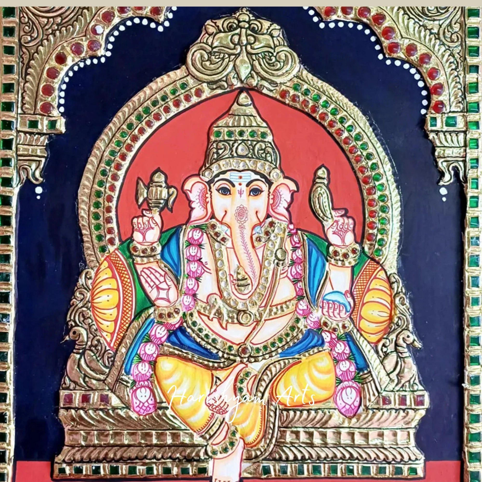 15" Lord Ganesha Tanjore Painting Seated on Kirtimukha Asana with Gold Embellishments