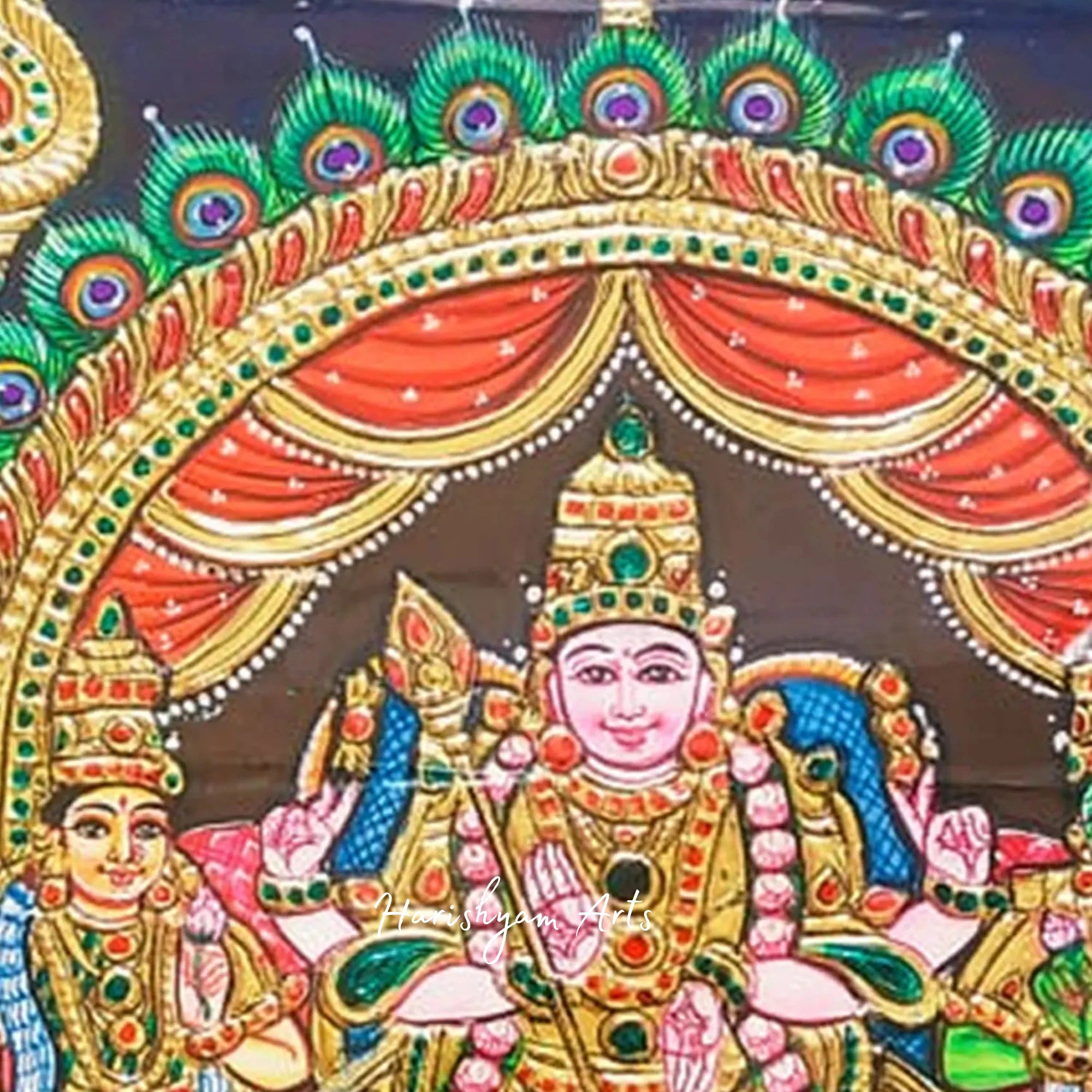 15" Lord Kartikeya with Valli and Deivanai Tanjore Painting in a Classic Frame