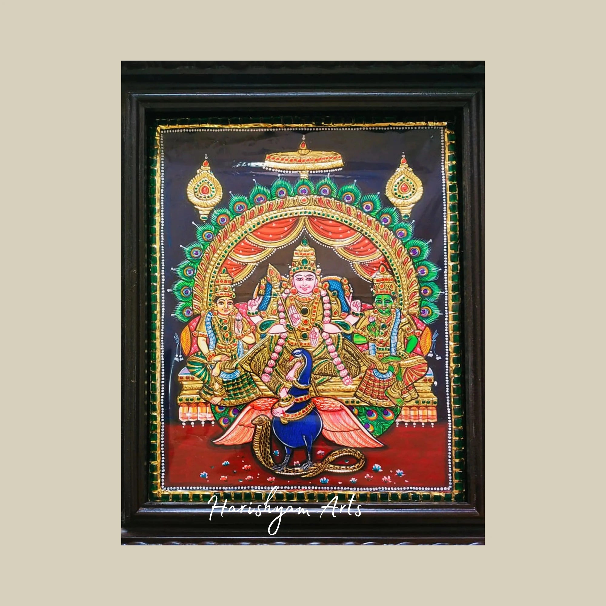 15" Lord Kartikeya with Valli and Deivanai Tanjore Painting in a Classic Frame