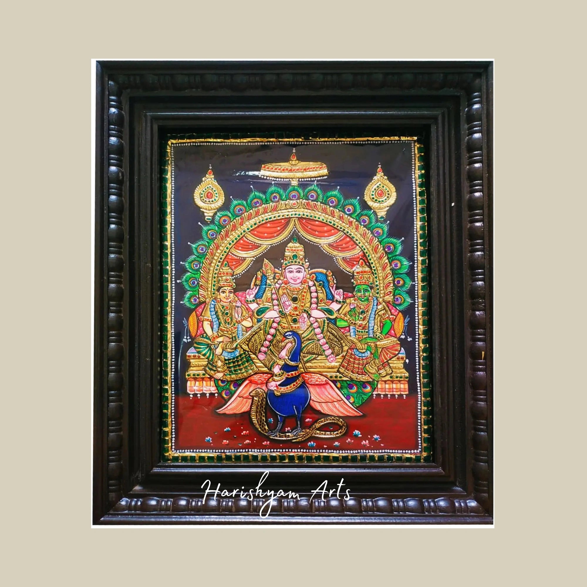 15" Lord Kartikeya with Valli and Deivanai Tanjore Painting in a Classic Frame