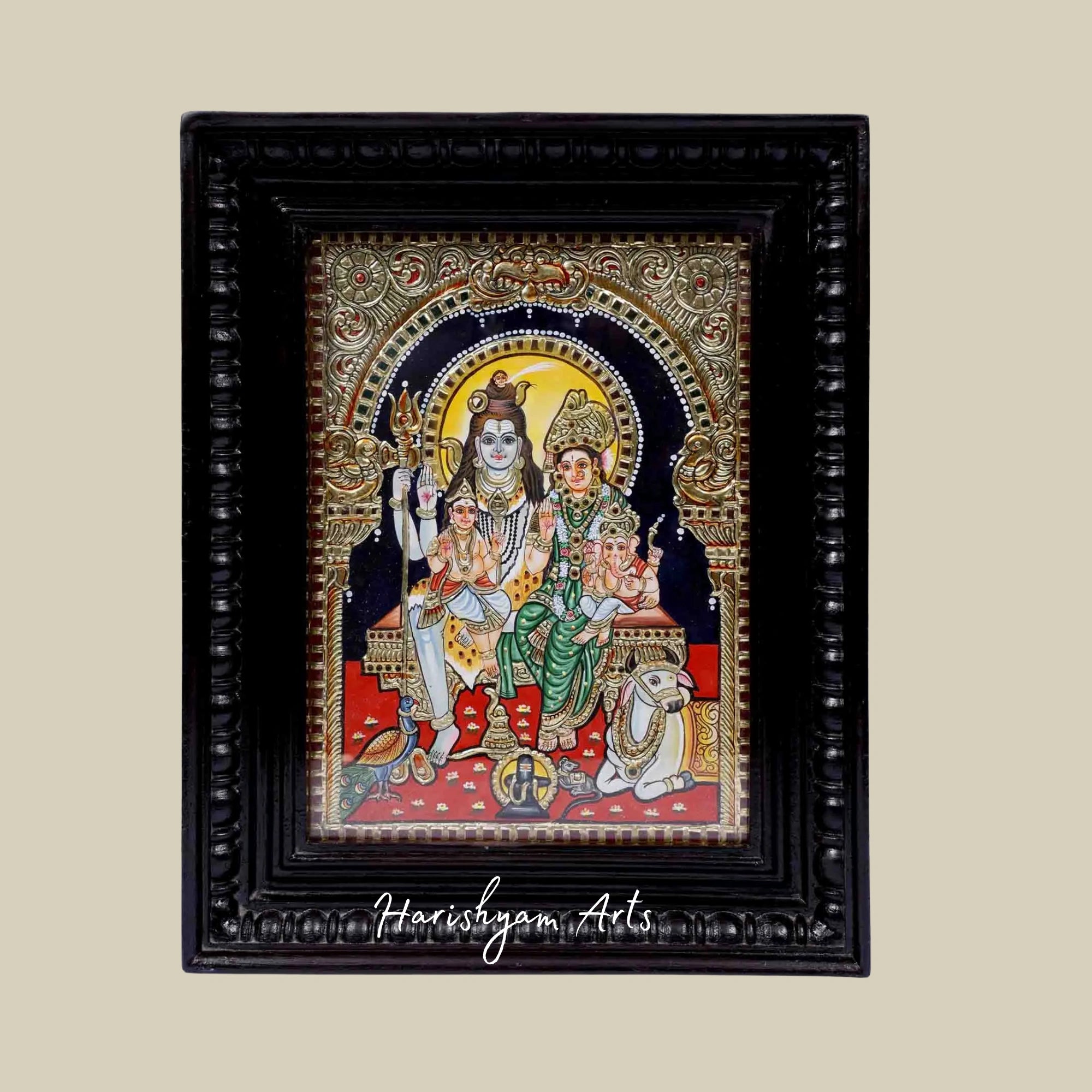 15" Lord Shiva Family Tanjore Painting in a Decorative Framed Design