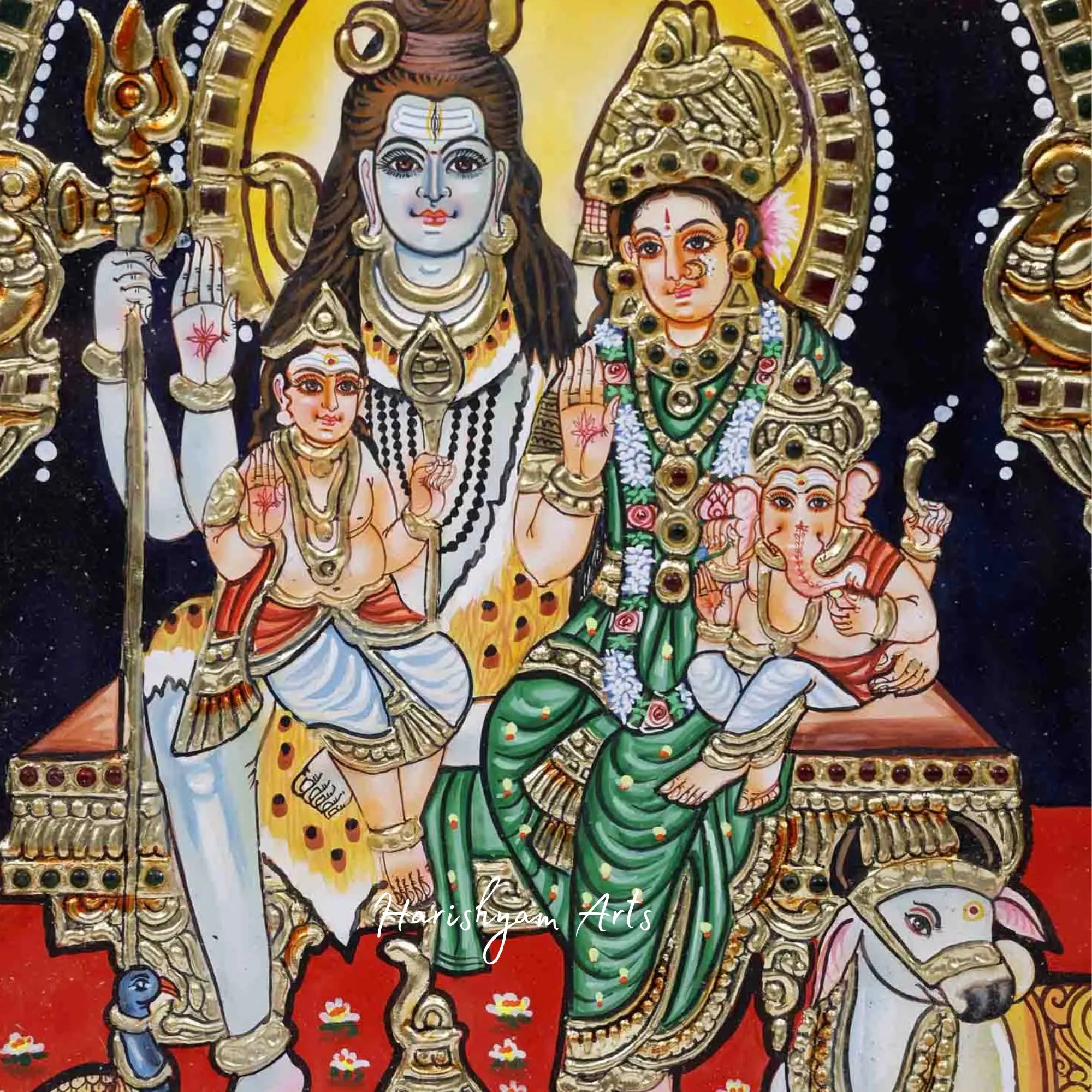 15" Lord Shiva Family Tanjore Painting in a Decorative Framed Design